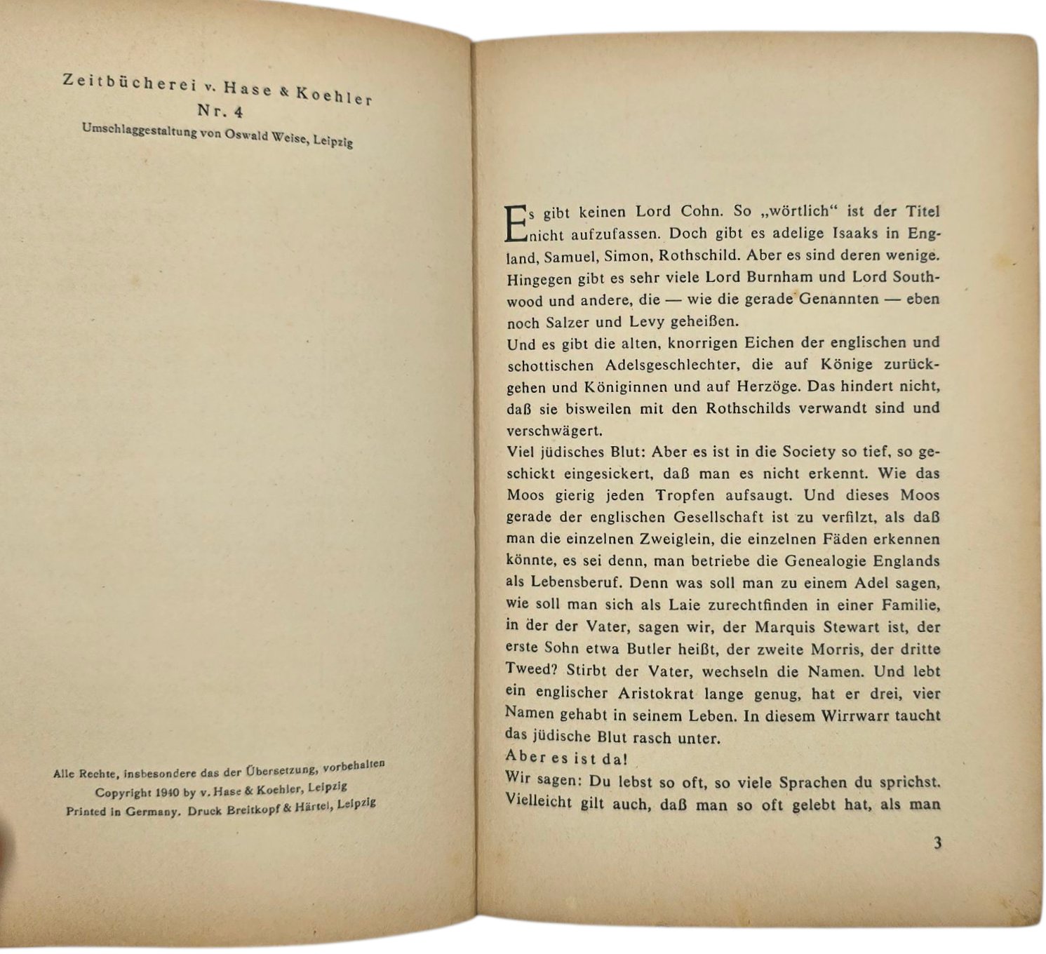 Original WW2 German Book - Lord Cohn, Die Verjudung der nglischen Oberschicht von D'Israeli bis Hore-Belisha, Ernst Clam (1940) — image 3