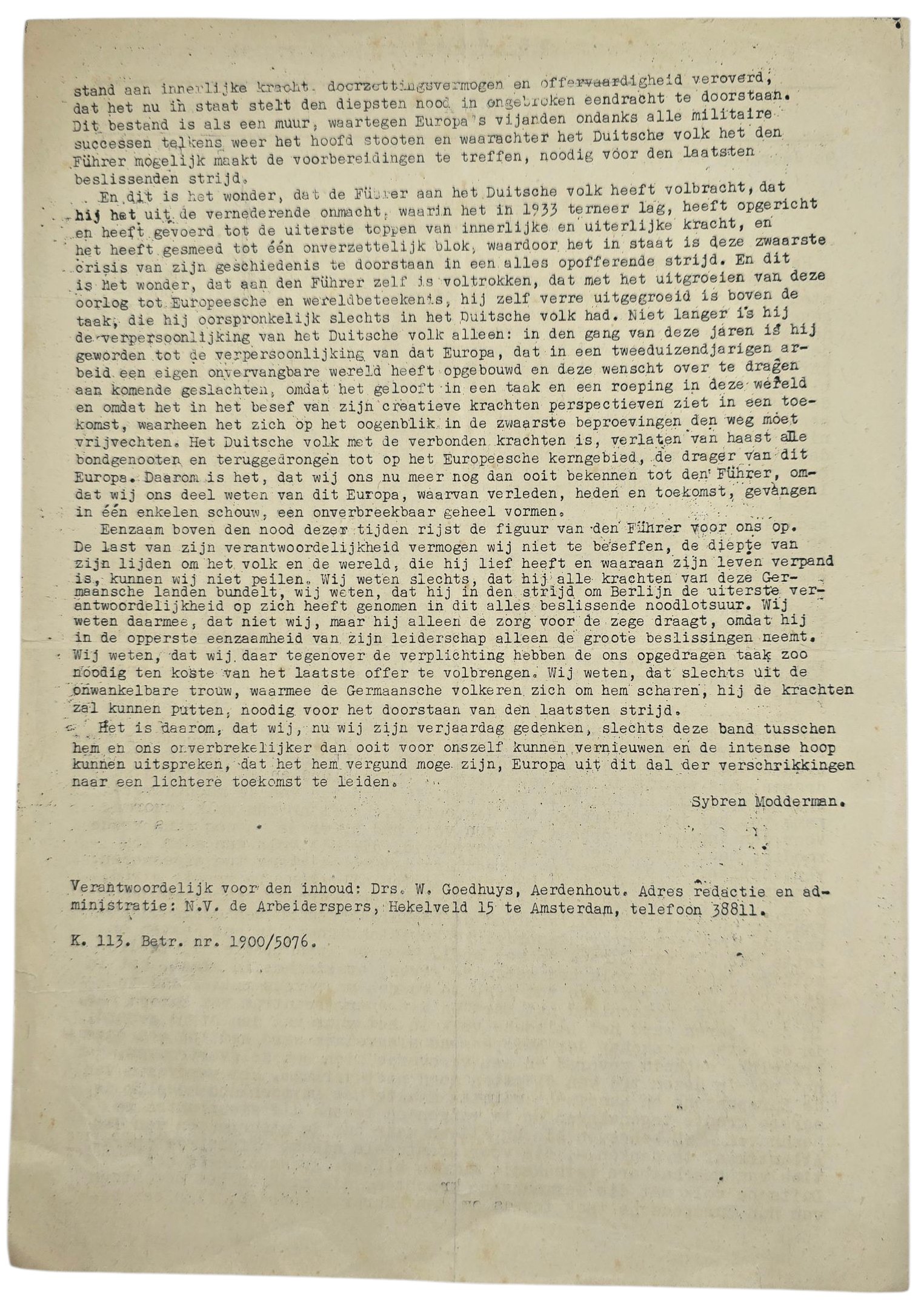 Original WW2 Dutch Collaboration NSB Newspaper - De Waag, 9th Year No. 13, 25 April (1945) — image 2