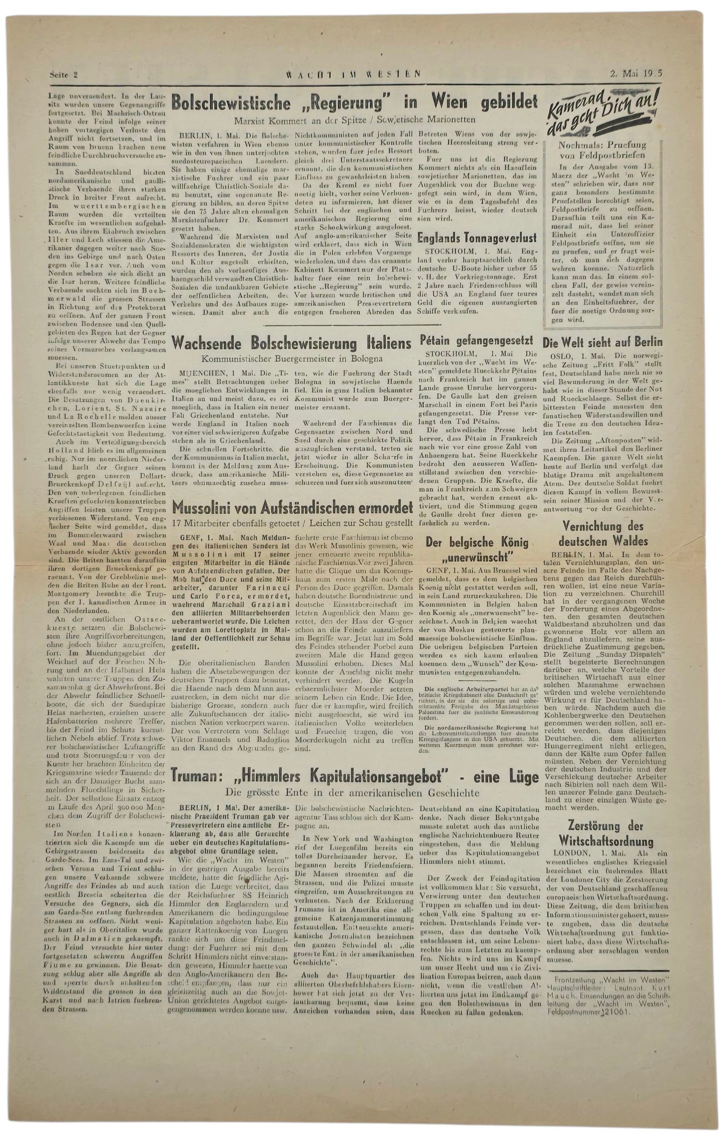 Original WW2 German Newspaper - Wacht im Westen, Frontzeitung Nr. 201, 2nd of May, Death of Adolf Hitler (1945) — image 2