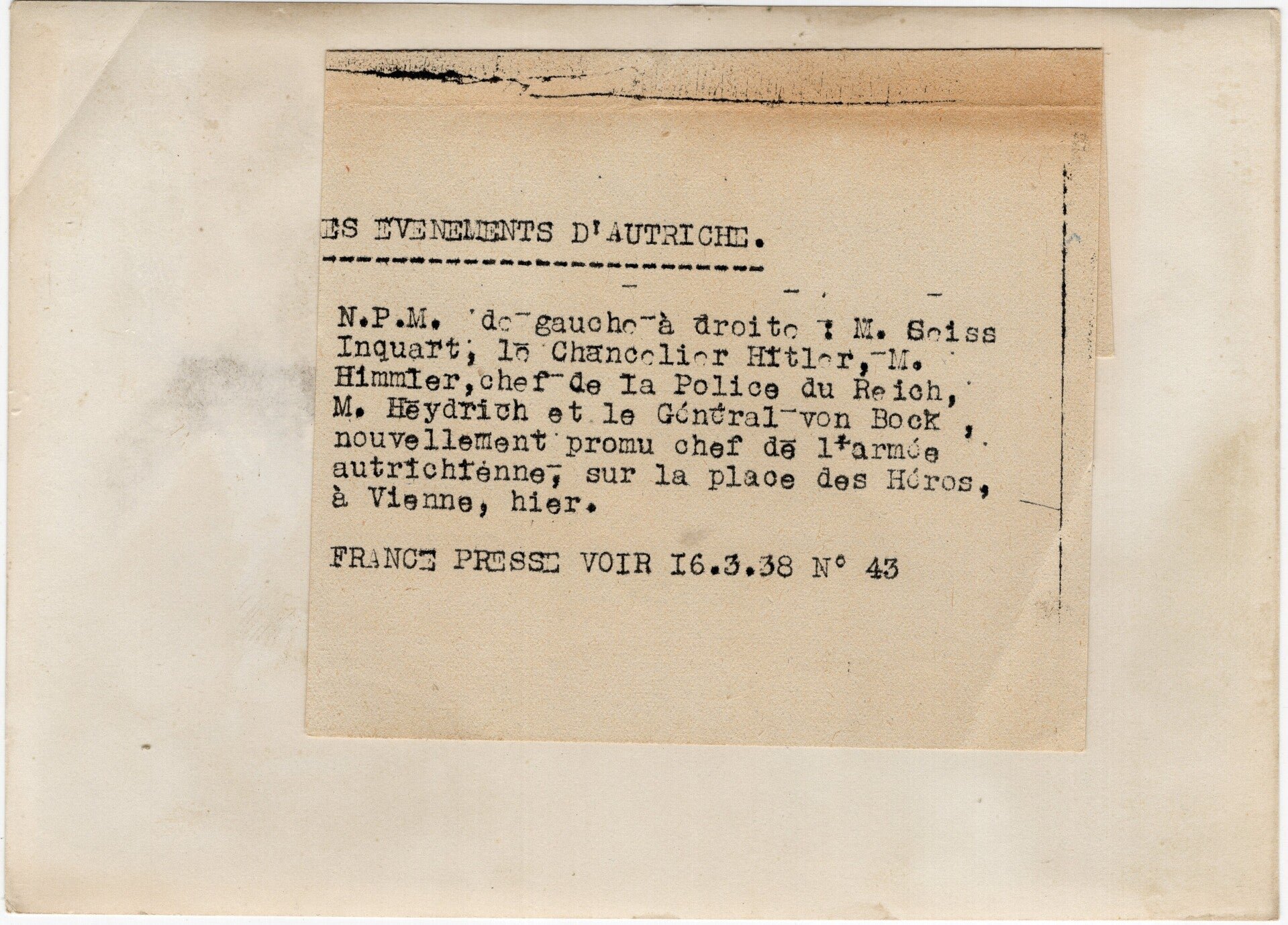 Original WW2 French Press Photo - Seyss-Inquart, Bormann, Hitler, Himmler, Heydrich, and Keitel in Austria (1938) — image 2