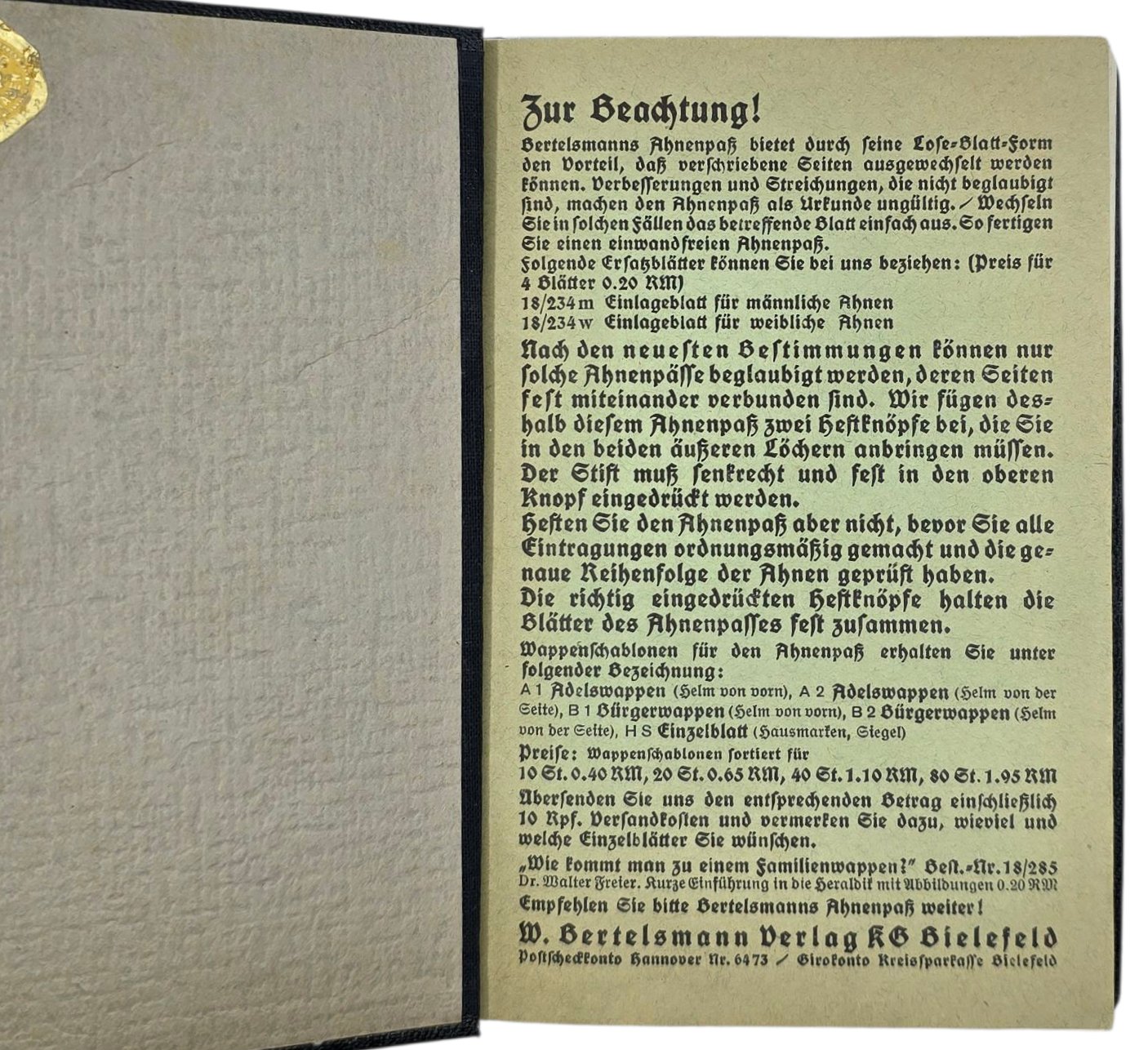 Original WW2 German Document - Ahnenpass, Bielefeld — image 2