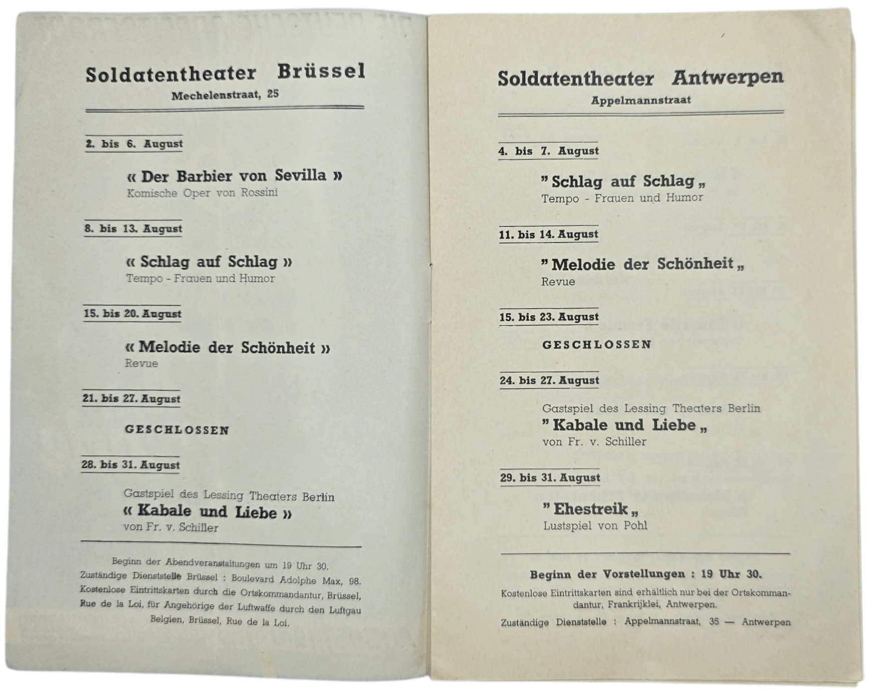 Original WW2 German KDF Brochure - Soldatentheatern Brüssel, Antwerpen, Lille, Gent, Brügge, Calais, Boulogne, August (1941) — image 2