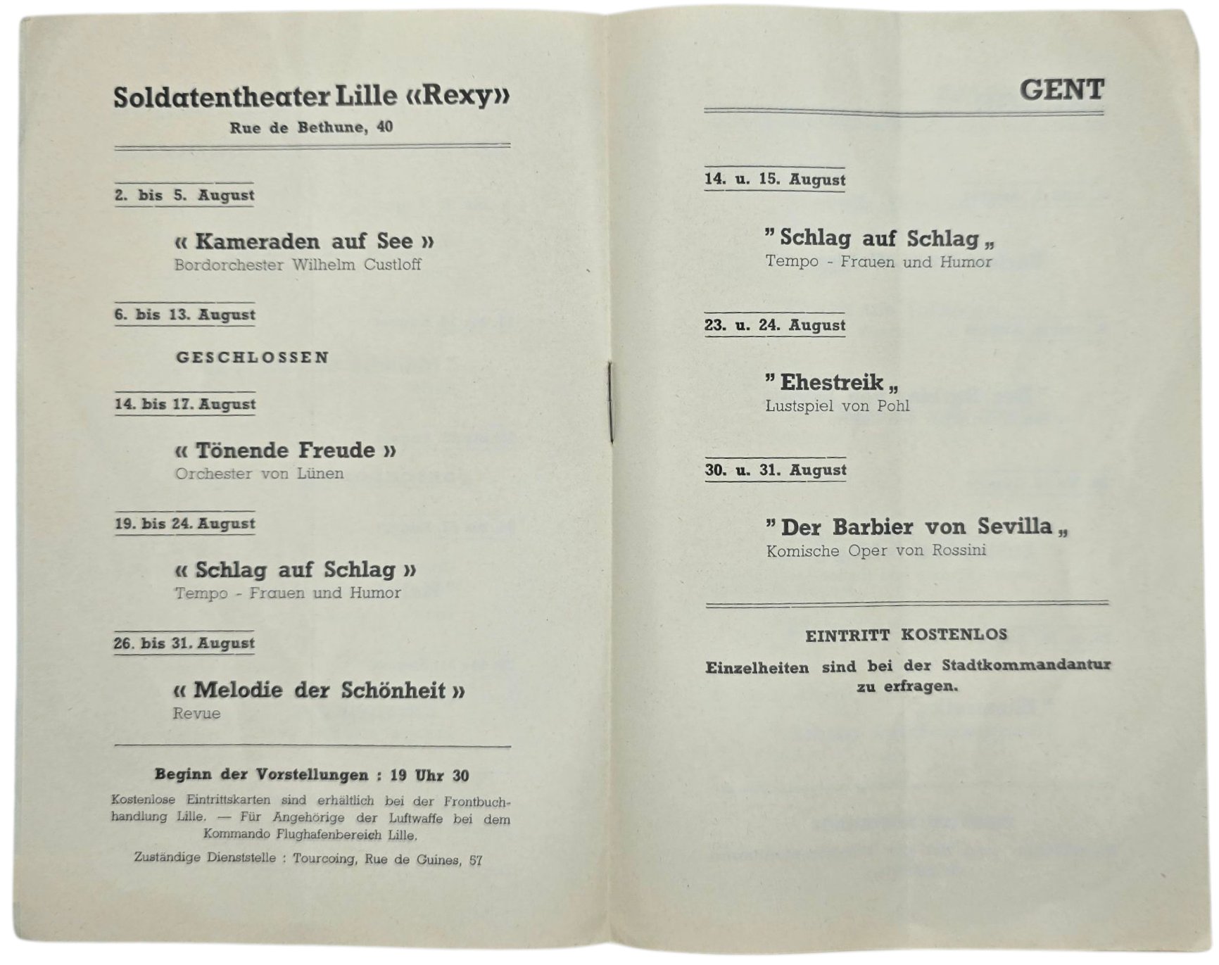 Original WW2 German KDF Brochure - Soldatentheatern Brüssel, Antwerpen, Lille, Gent, Brügge, Calais, Boulogne, August (1941) — image 3