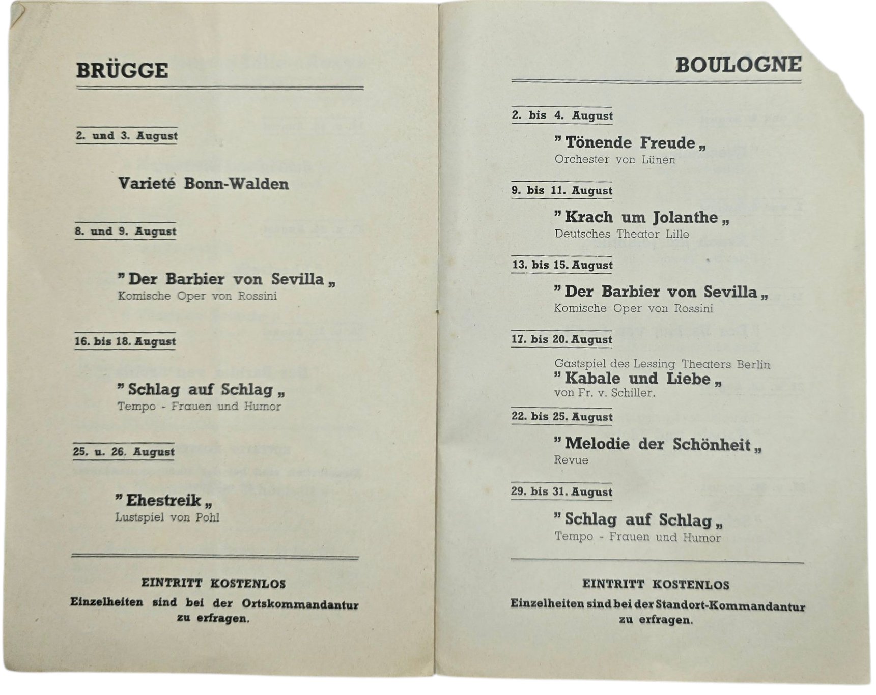 Original WW2 German KDF Brochure - Soldatentheatern Brüssel, Antwerpen, Lille, Gent, Brügge, Calais, Boulogne, August (1941) — image 4