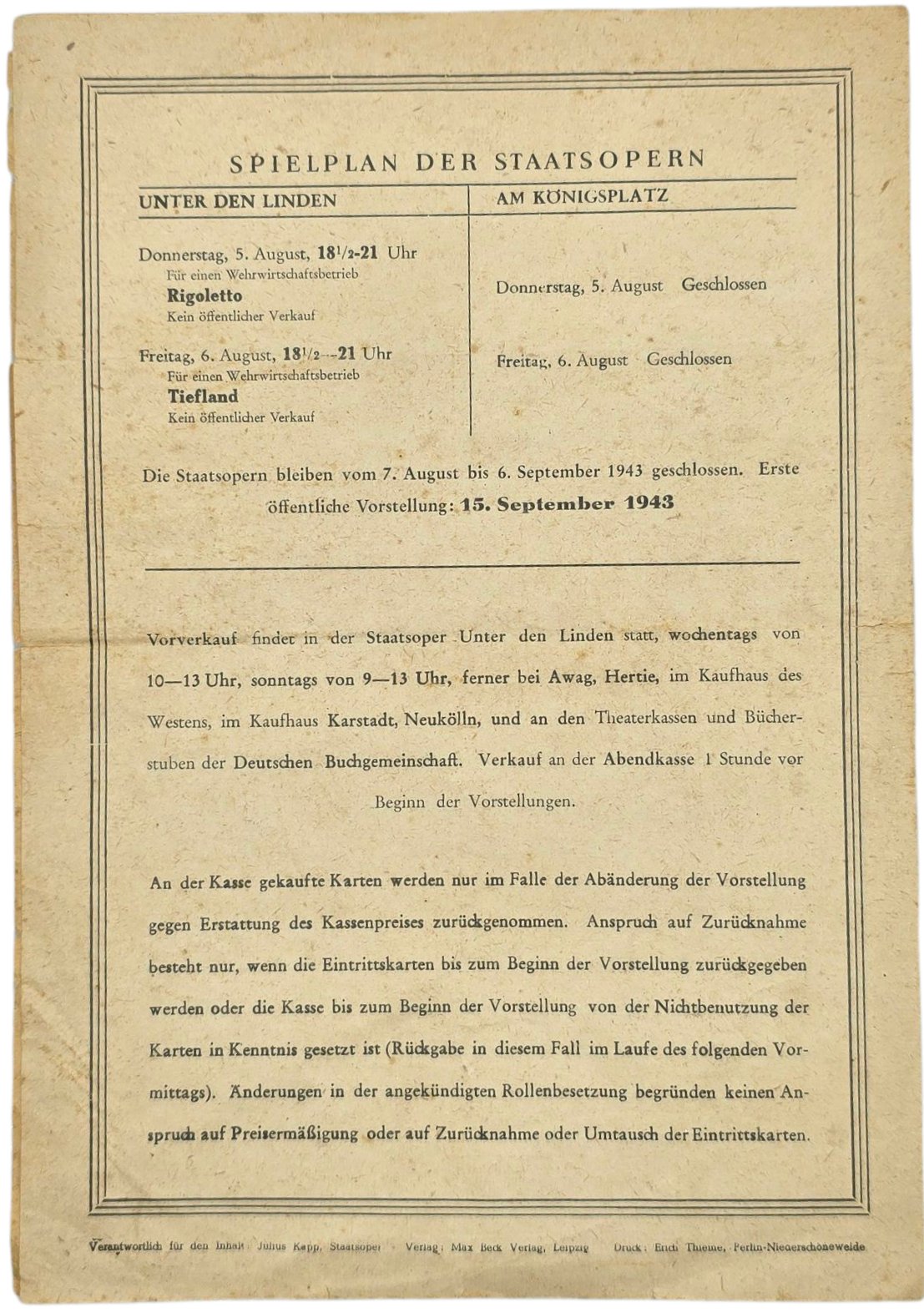 Original WW2 German Document - Staatstheater Berlin Staats Oper Für die Wehrmacht, Madame Butterfly (1943) — image 3
