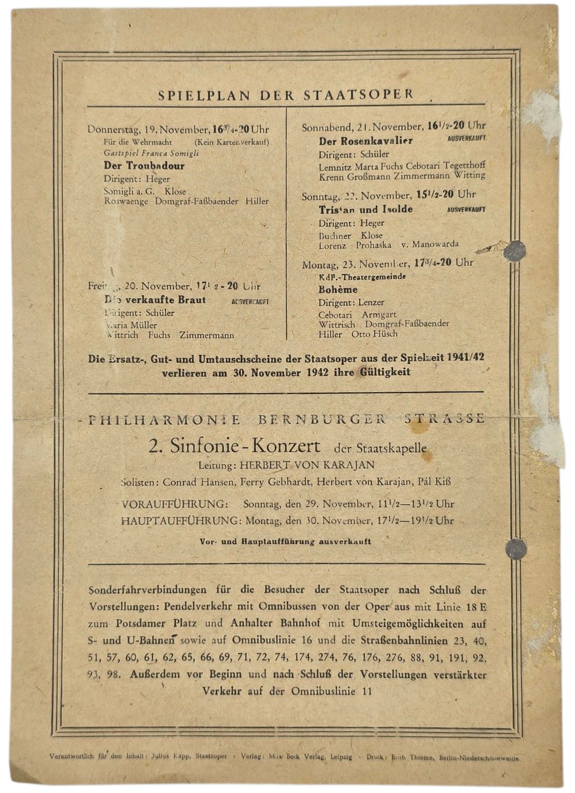 Original WW2 German Document - Staatstheater Berlin Staats Oper Für die Wehrmacht, Tiefland (1942) — image 3