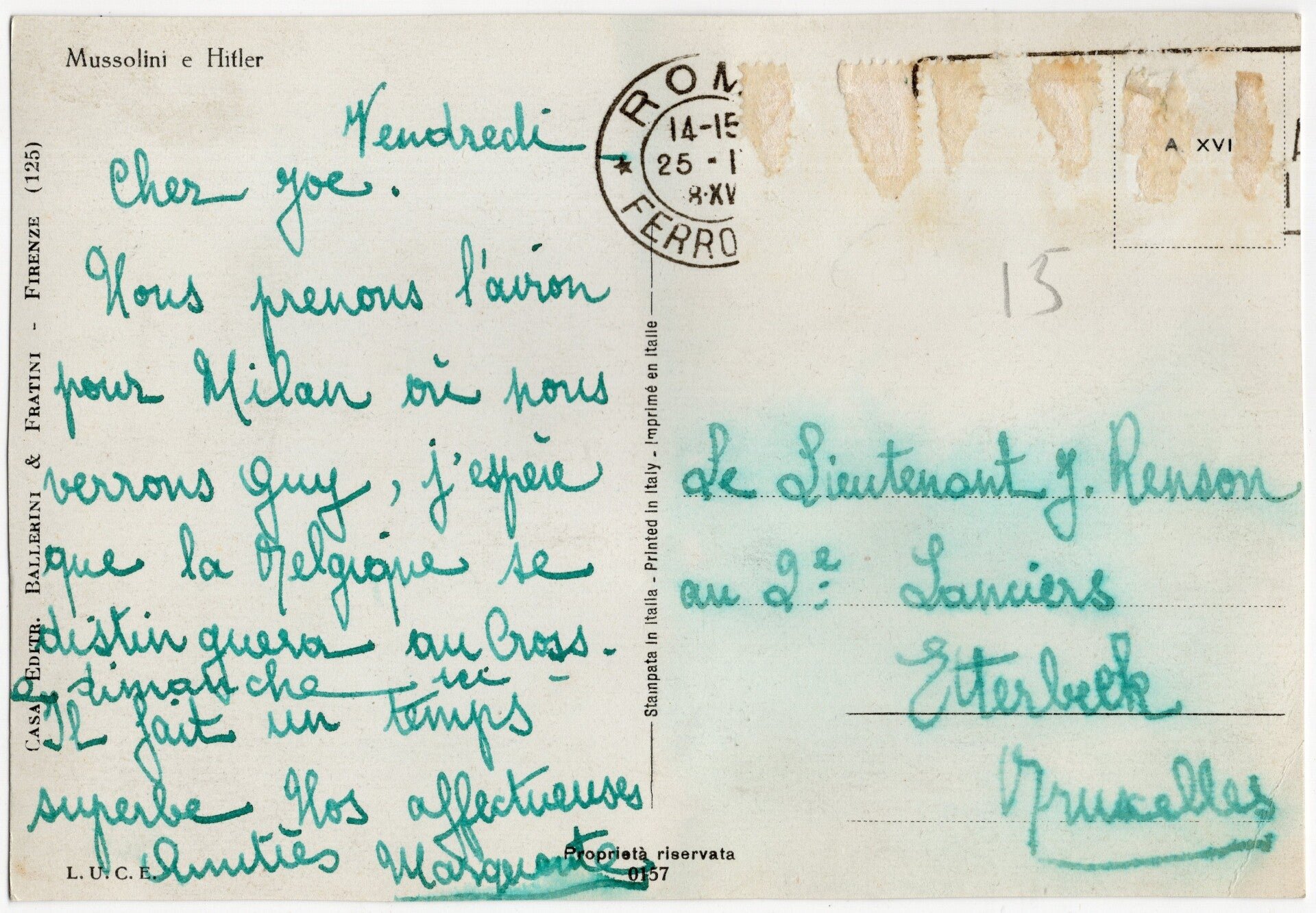 Original WW2 Italian Postcard - Benito Mussolini and Adolf Hitler — image 2