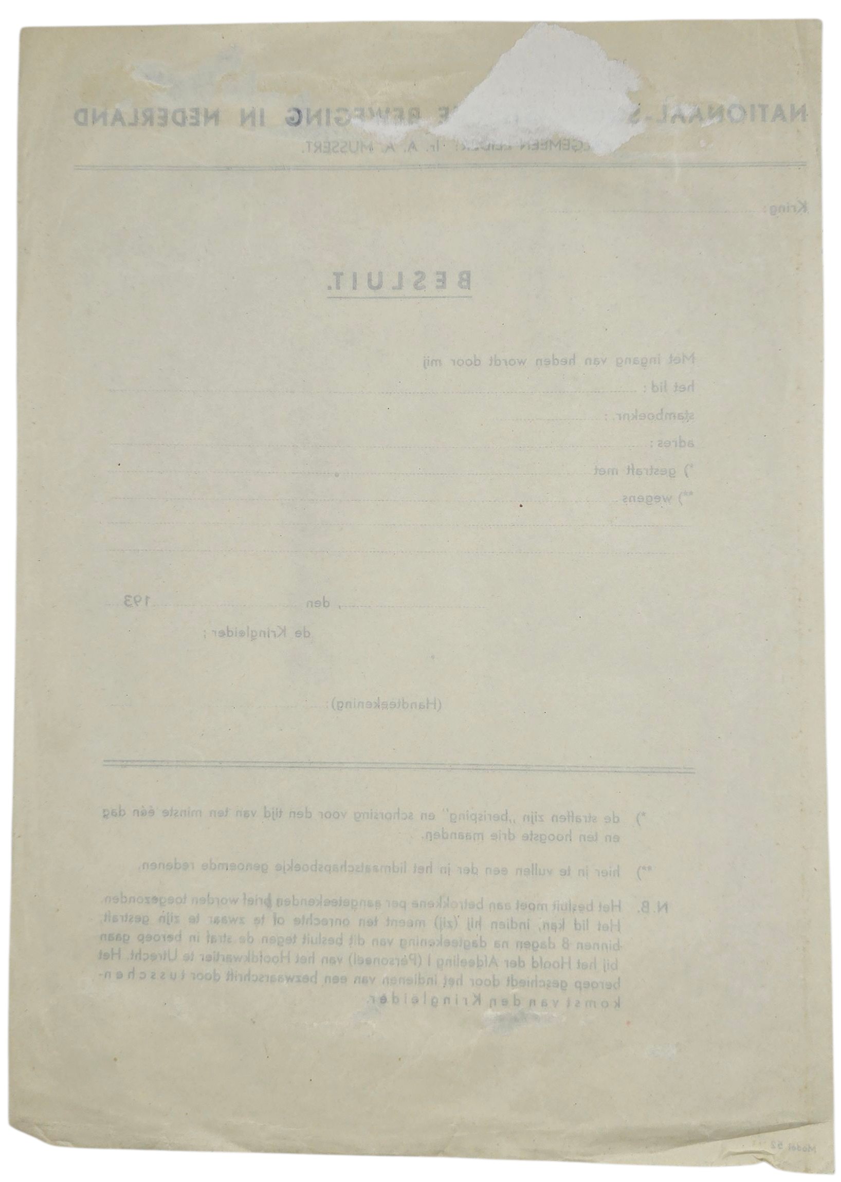 Original WW2 Dutch Collaboration NSB Document - Unissued decision for punishment NSB — image 2