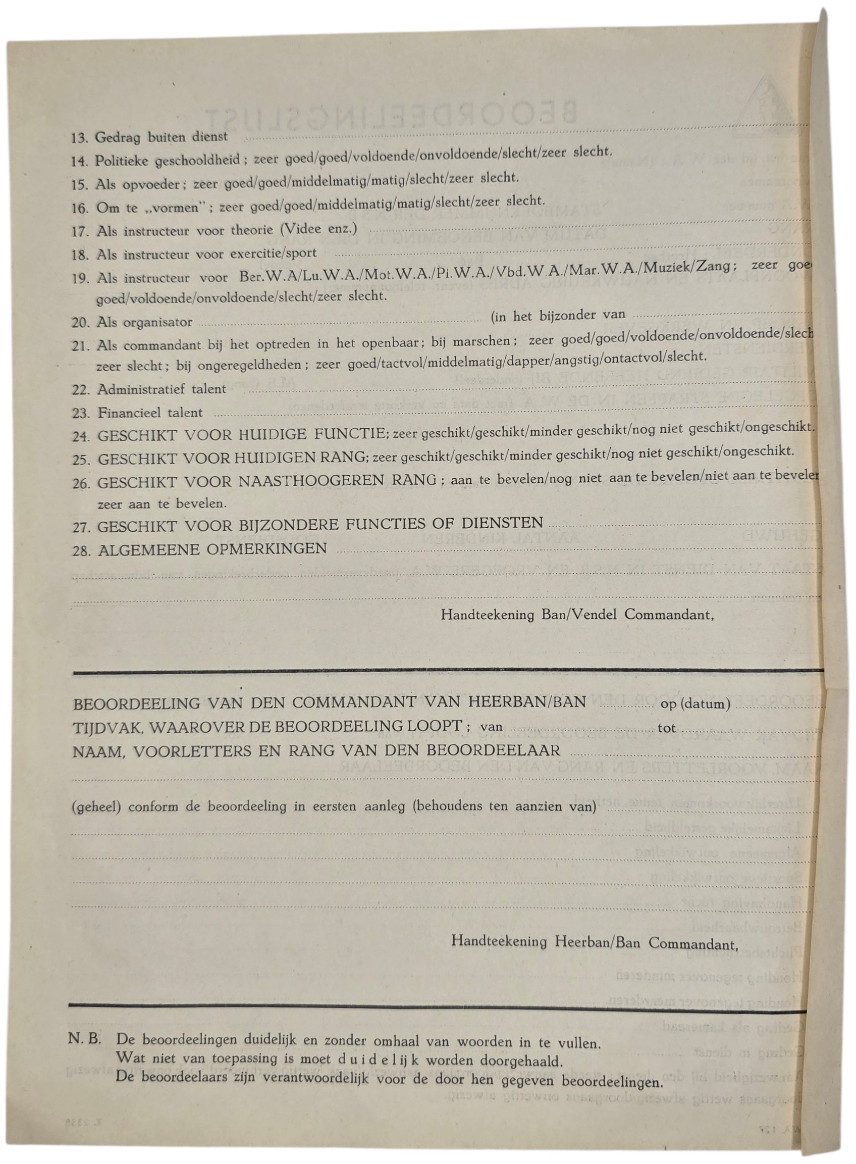Original WW2 Dutch Collaboration NSB Document - Unissued Assessment list WA Weerafdeeling, Beoordelingslijst — image 2