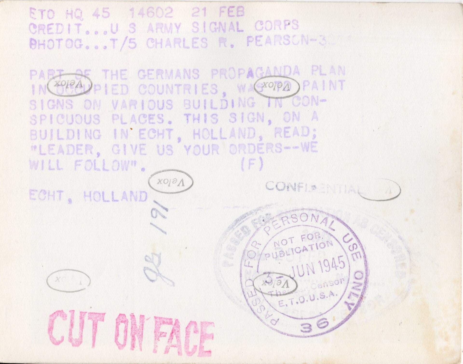 Original WW2 US Press Photo - Large graffiti wall ''Führer, befiehl wir folgen dir'' in Echt, Holland (1945) — image 2