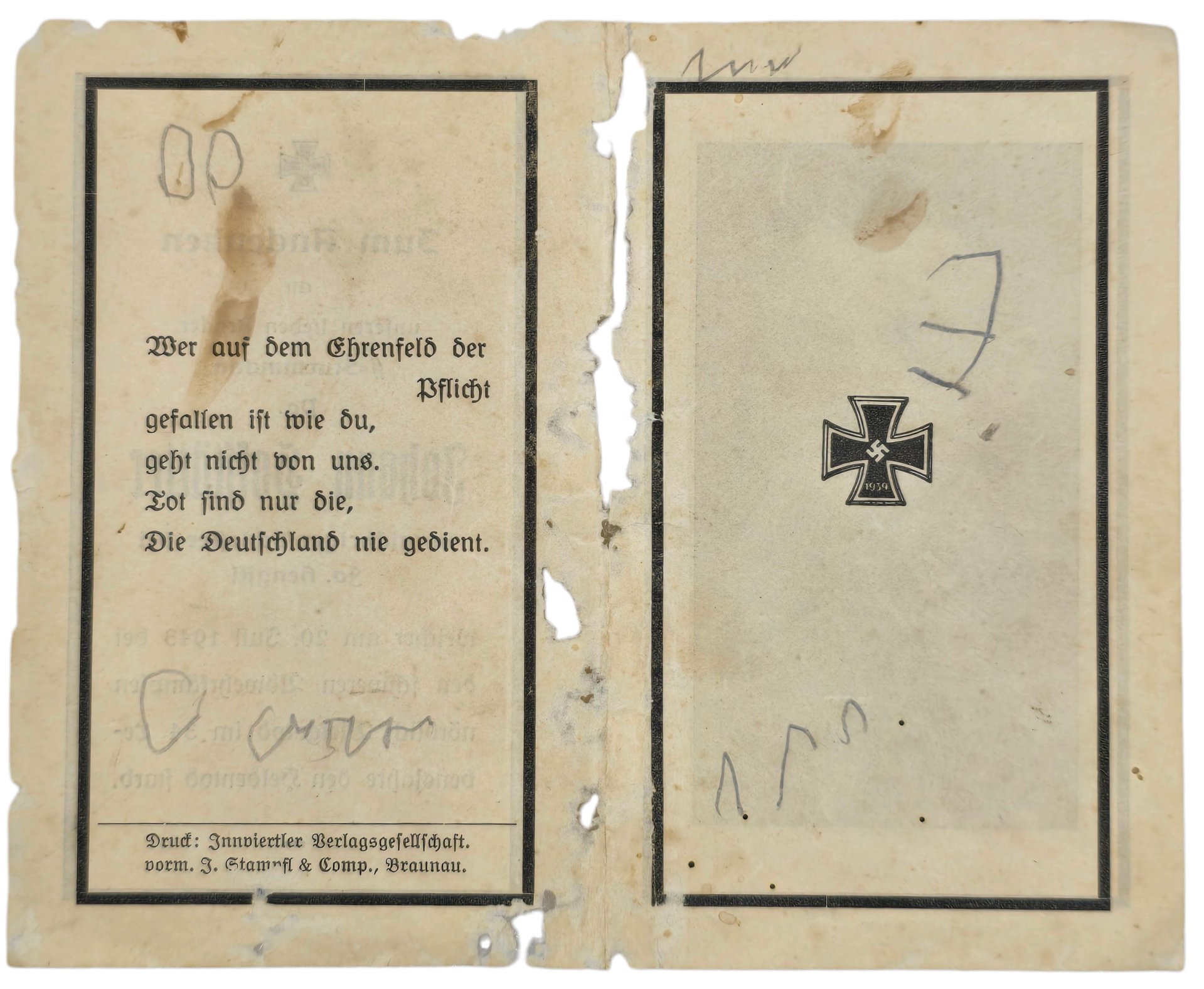Original WW2 German Waffen SS Document - SS Sturmmann death card Bjelgorod (1943) — image 2