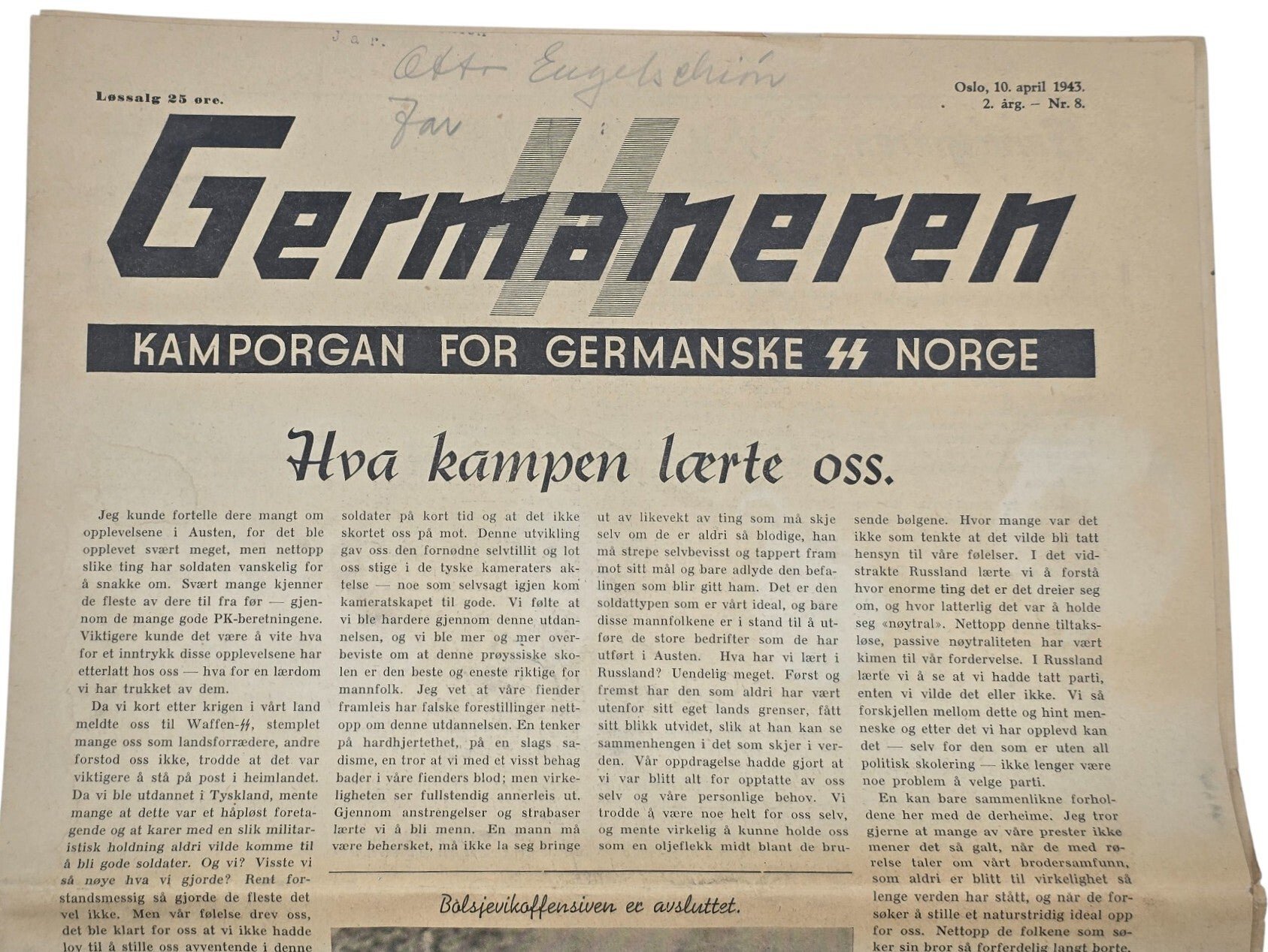 Original WW2 Norwegian Waffen SS Newspaper - Germaneren SS Kamporgan for Germanske SS Norge (1943) — image 2