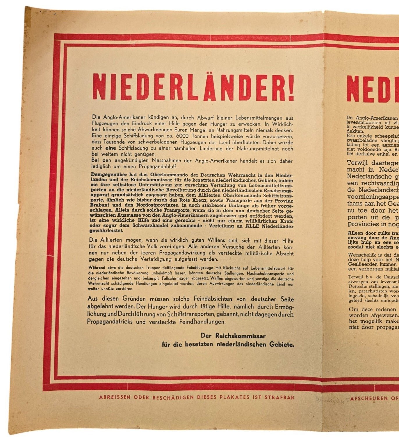 Original WW2 Dutch German Poster - Nederlanders! Food-droppings by airplane, Seyss-Inquart (1945) — image 2