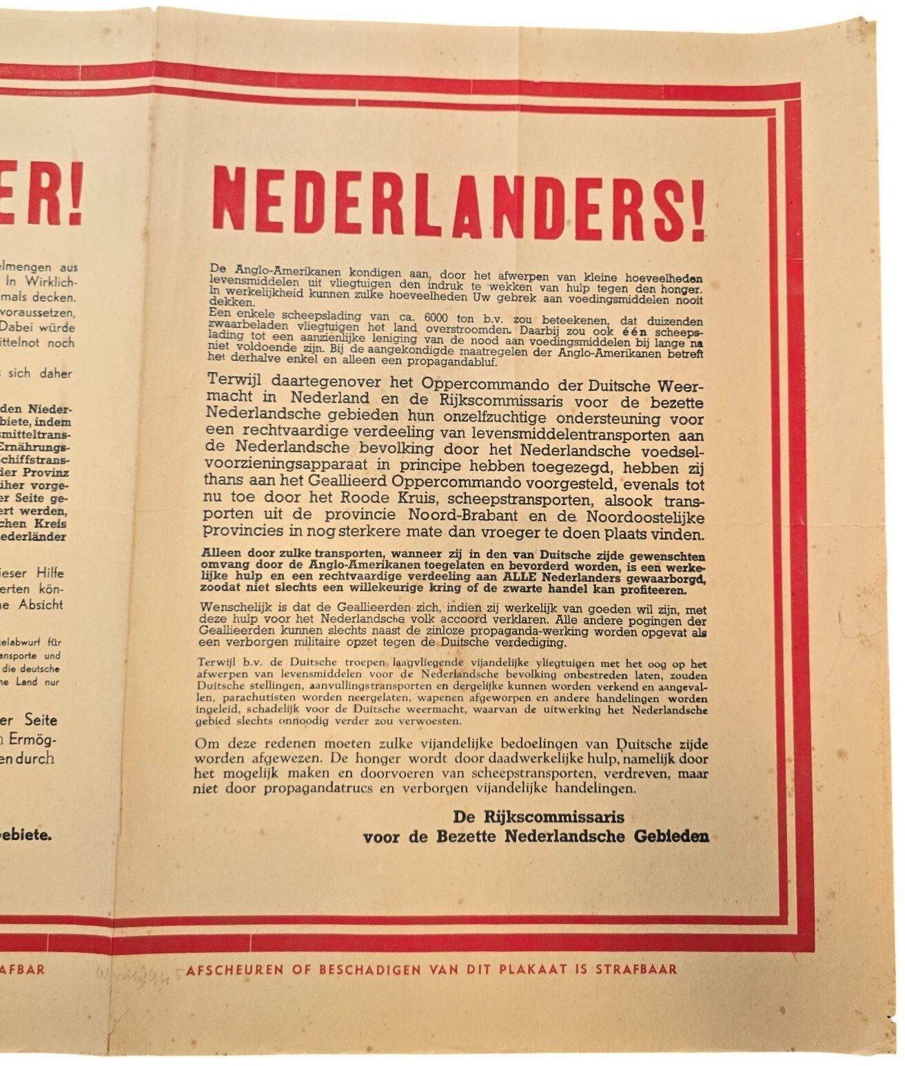 Original WW2 Dutch German Poster - Nederlanders! Food-droppings by airplane, Seyss-Inquart (1945) — image 3