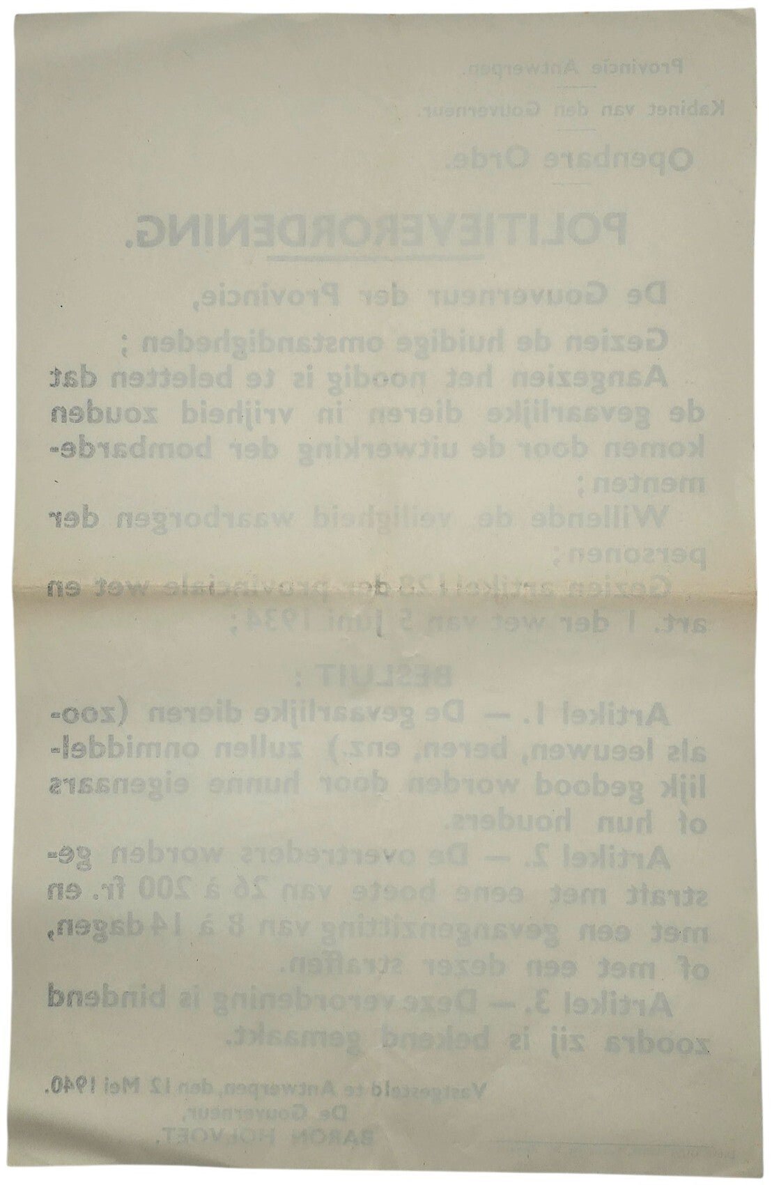 Original WW2 Flemish Poster - Police Ordinance loose zoo animals because of bombings, Antwerp, May (1940) — image 2