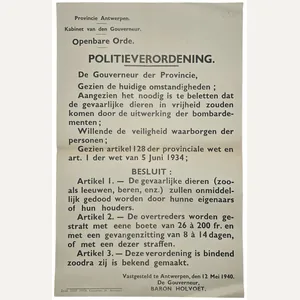 Original WW2 Flemish Poster - Police Ordinance loose zoo animals …
