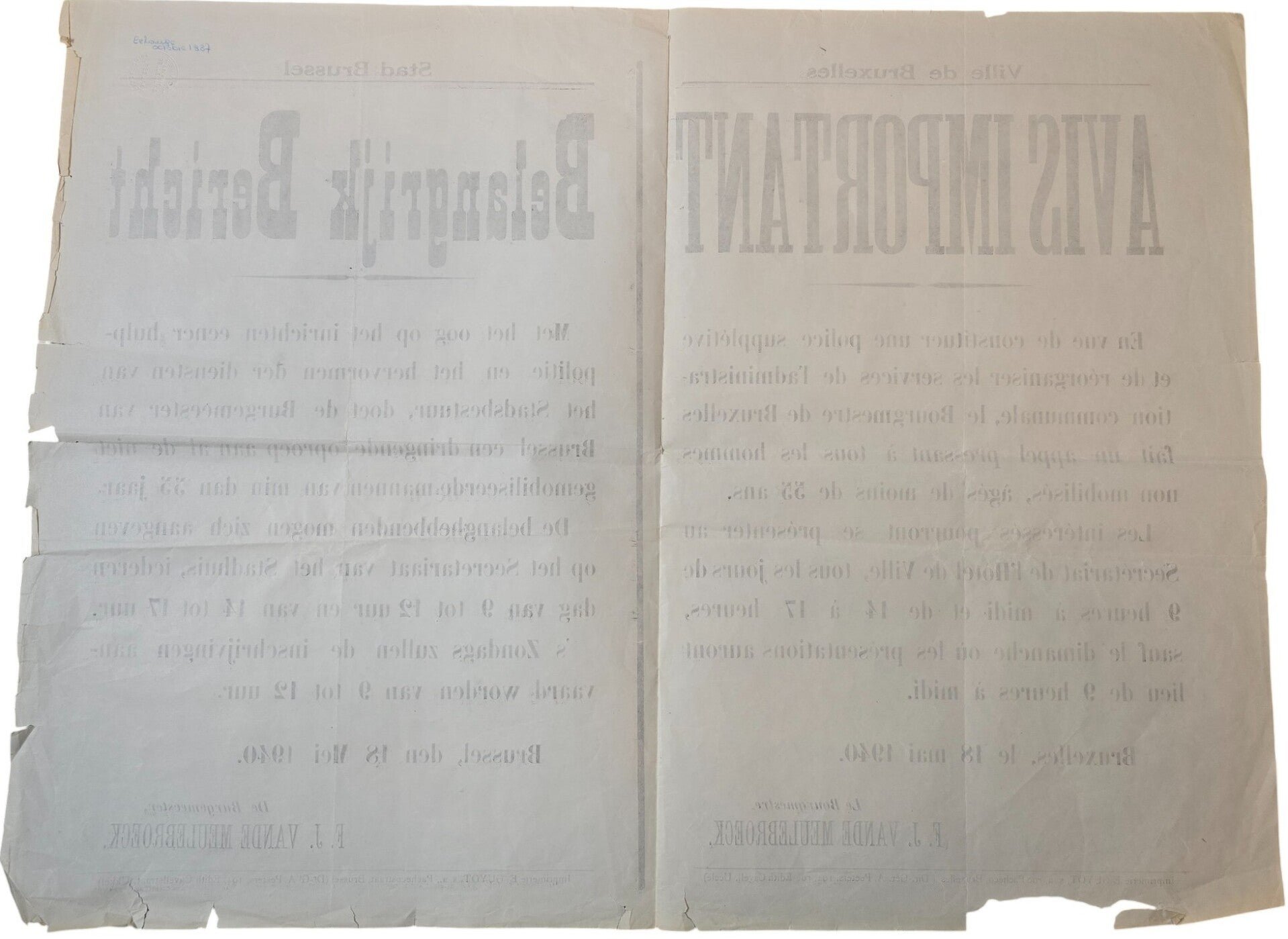 Original WW2 Belgian Poster - Call for all mobilized men, Brussels, May (1940) — image 2