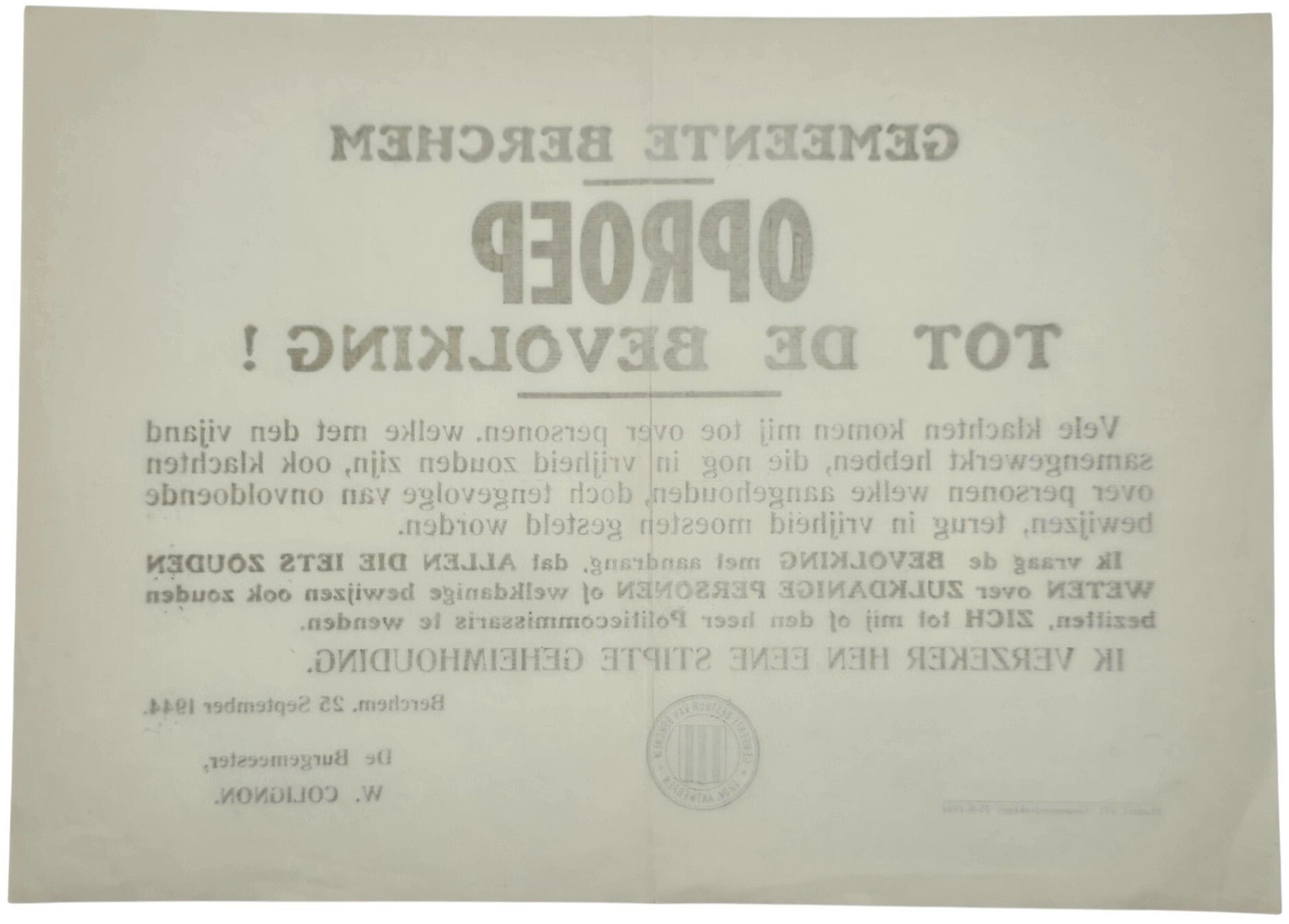 Original WW2 Flemish Poster - Registering information about collaborators, Berchem (1944) — image 2