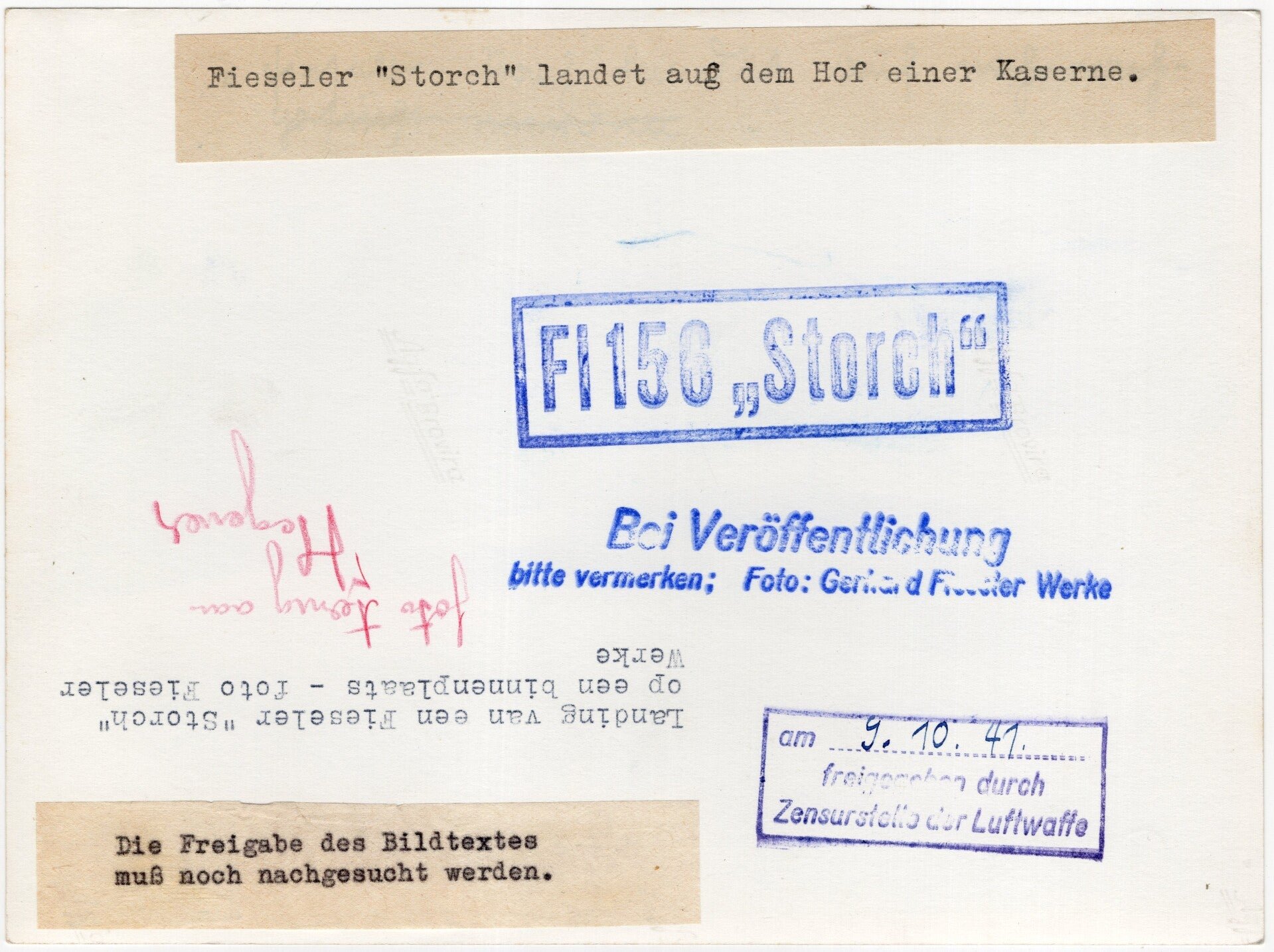 Original WW2 German Luftwaffe Photo - Fieseler Storch airplane at Fieseler Werke (1941) — image 2