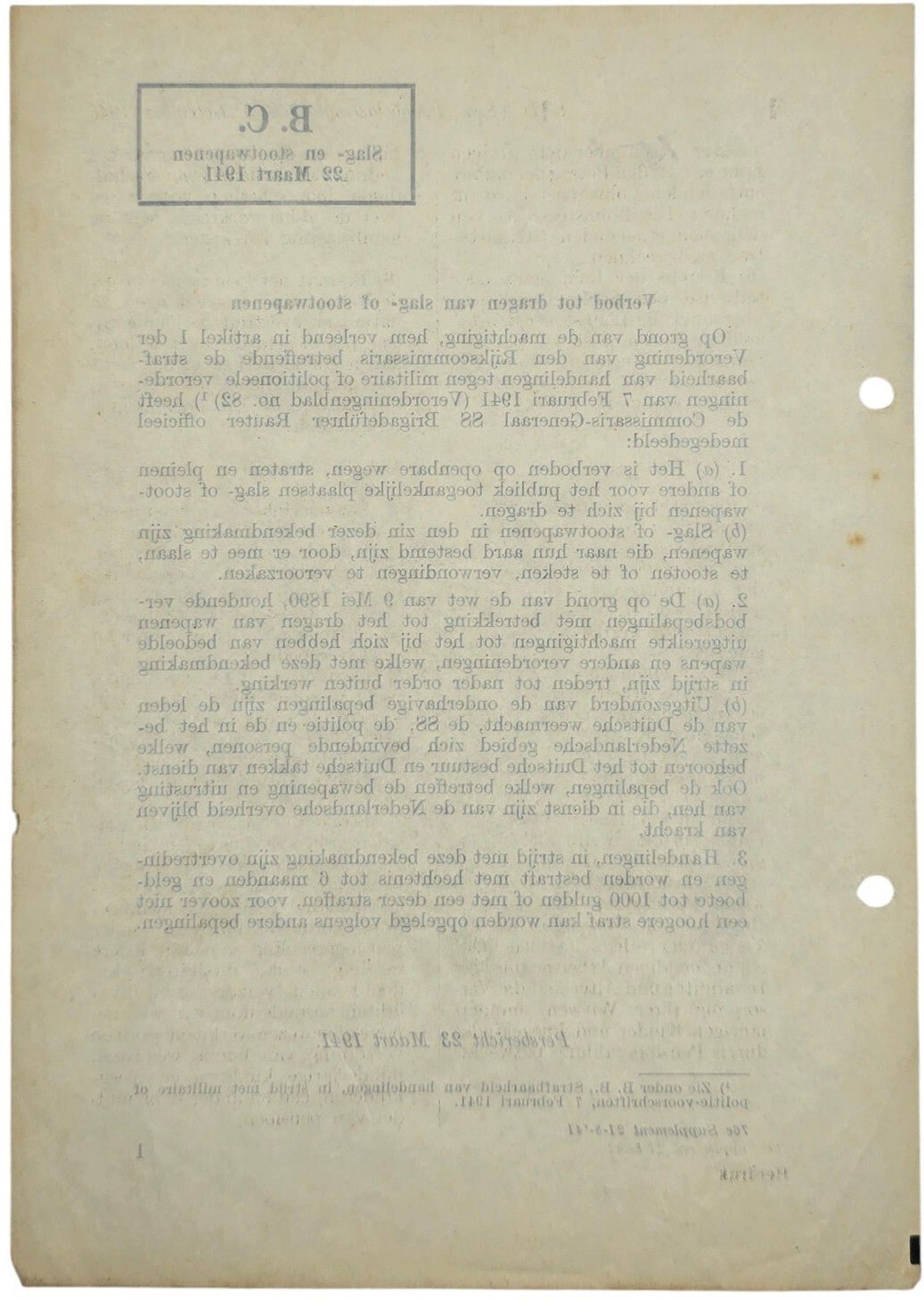 Original WW2 Dutch Document - Law against wearing thrusting weapons (1941) — image 2