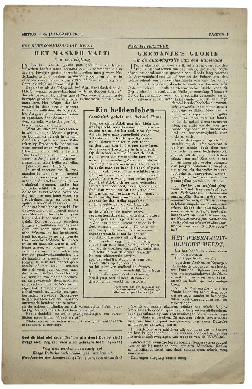 Original WW2 Dutch Resistance Newspaper - Metro, 6th-year no 1 (1944) — image 3