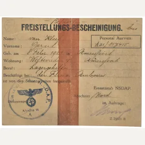 Original WW2 Dutch Document - Freistellungs Bescheinigung Einsatzstab NSDAP Abschnitt …