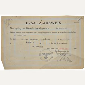 Original WW2 Dutch Document - Ersatz Ausweis Genemuiden, Hasselt, Zwartsluis, …