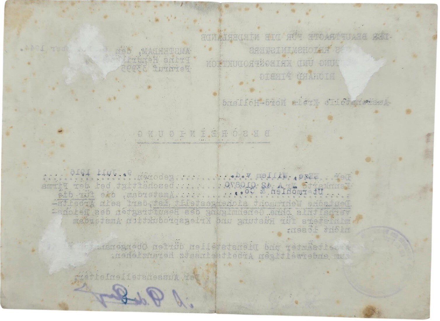 Original WW2 Dutch Document - Bescheinigung Amsterdam Firma Utermohlen & Co (1944) — image 2