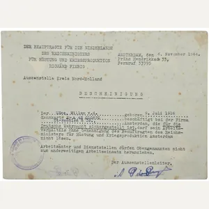 Original WW2 Dutch Document - Bescheinigung Amsterdam Firma Utermohlen & …