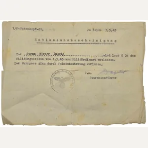 Original WW2 German Waffen SS Document - Entlassungsbescheinigung 1 SS …