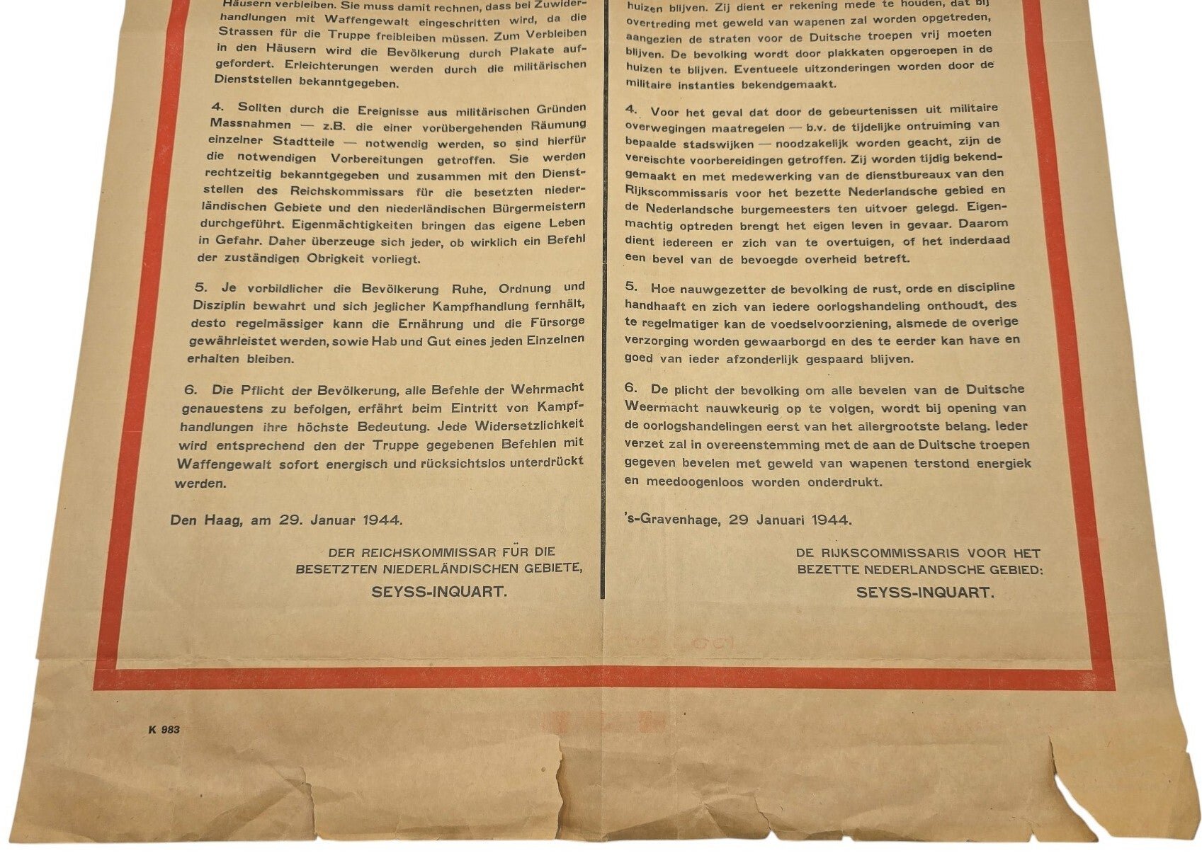Original WW2 Dutch Poster - Notice against civilians, Seyss-Inquart, The Hague (1944) — image 3