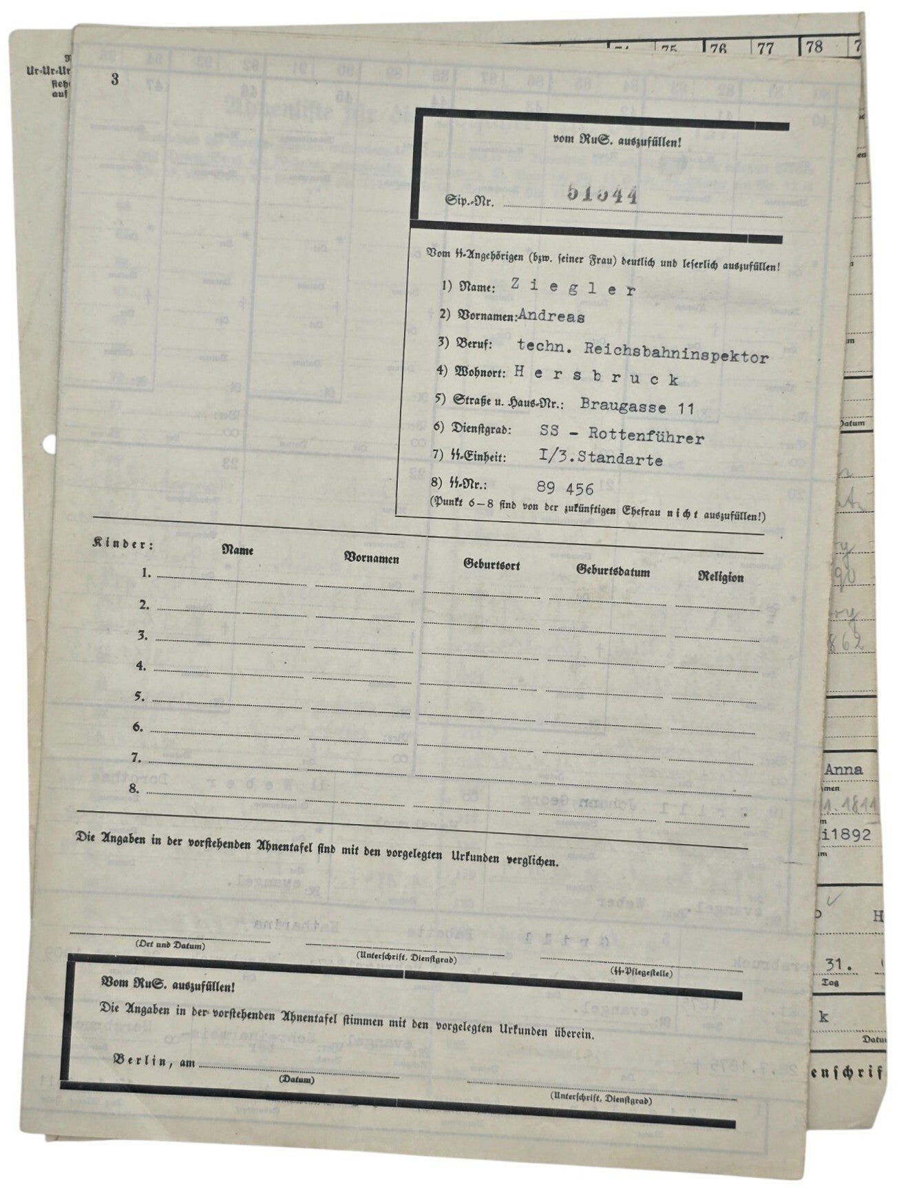 Original WW2 German Waffen SS Document - SS Ahnentafel marriage research set, I/3. Standarte, Hersbruck (1940) — image 4