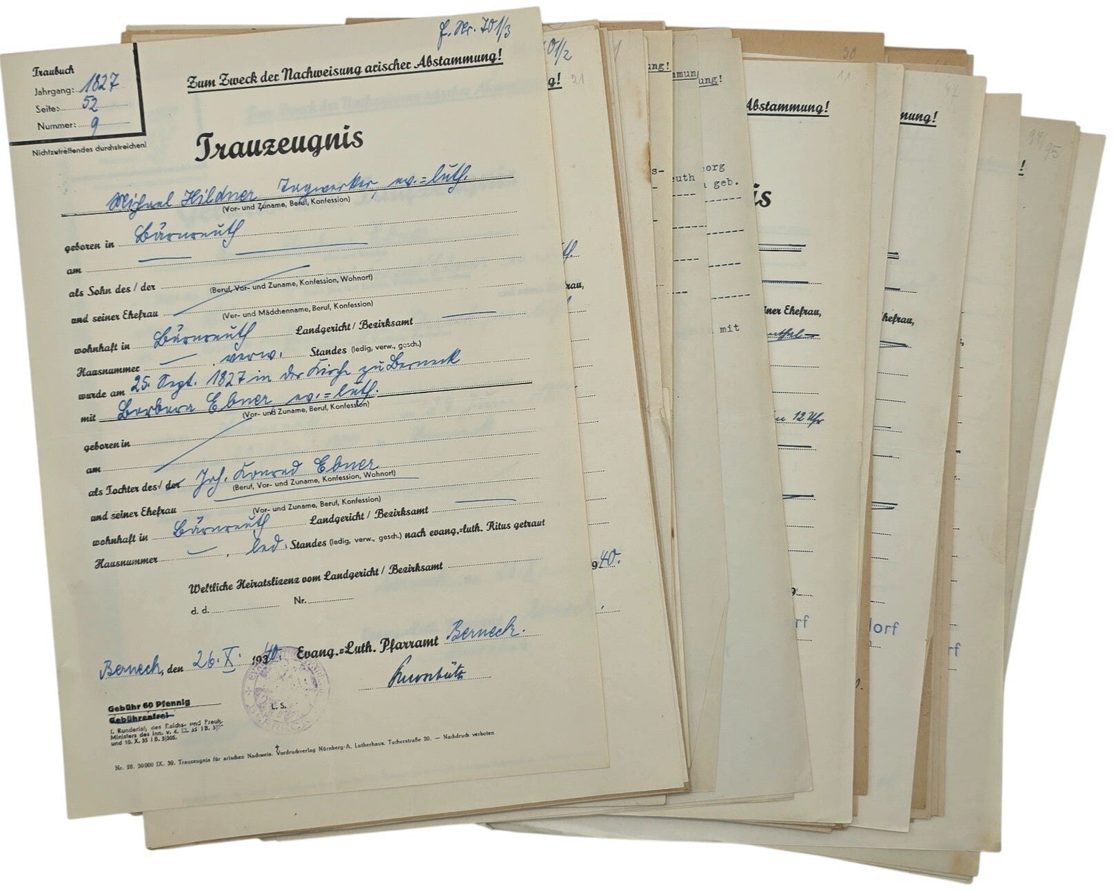 Original WW2 German Waffen SS Document - SS Ahnentafel marriage research set, I/3. Standarte, Hersbruck (1940) — image 9
