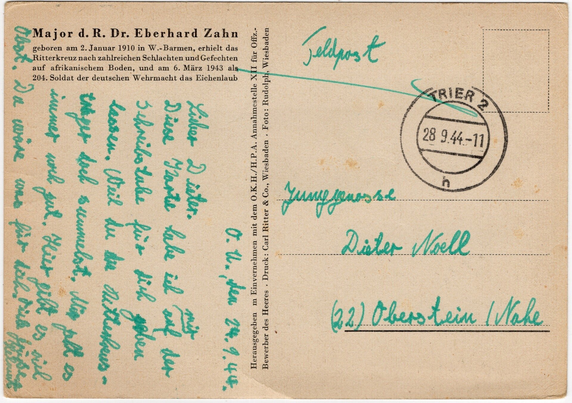 Original WW2 German Postcard - Wehrmacht Knights Cross wearer Major d. R. Dr. Eberhard Zahn (1944) — image 2