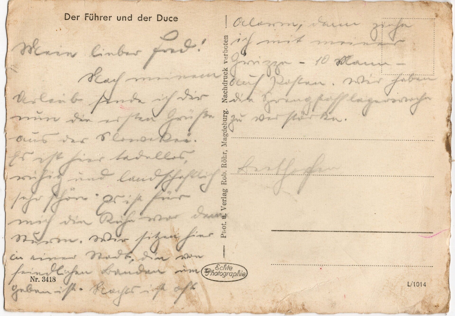 Original WW2 German Postcard - Adolf Hitler with Benito Mussolini — image 2