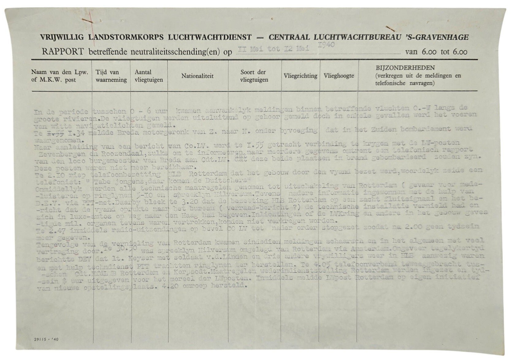 Original WW2 Dutch Document - Dutch Army Luchtwachtdienst air watch service report The Hague, 11 & 12th of May (1940) — image 2