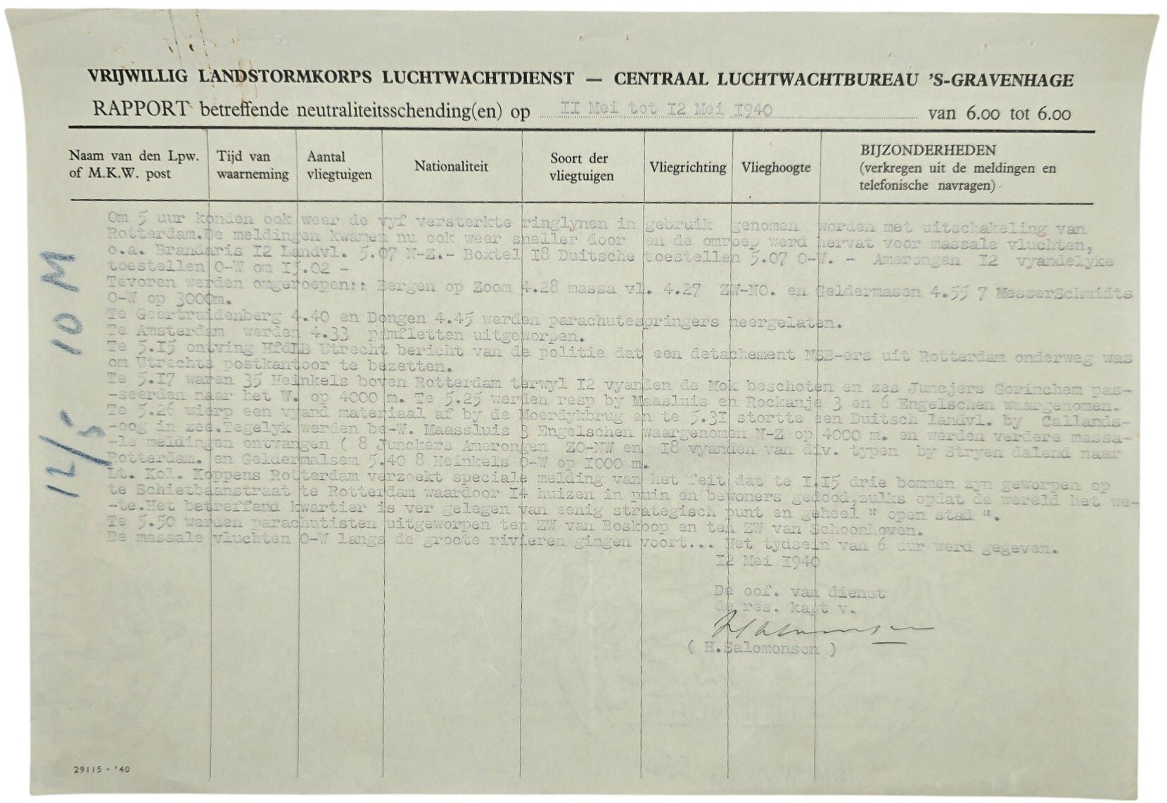 Original WW2 Dutch Document - Dutch Army Luchtwachtdienst air watch service report The Hague, 11 & 12th of May (1940) — image 3