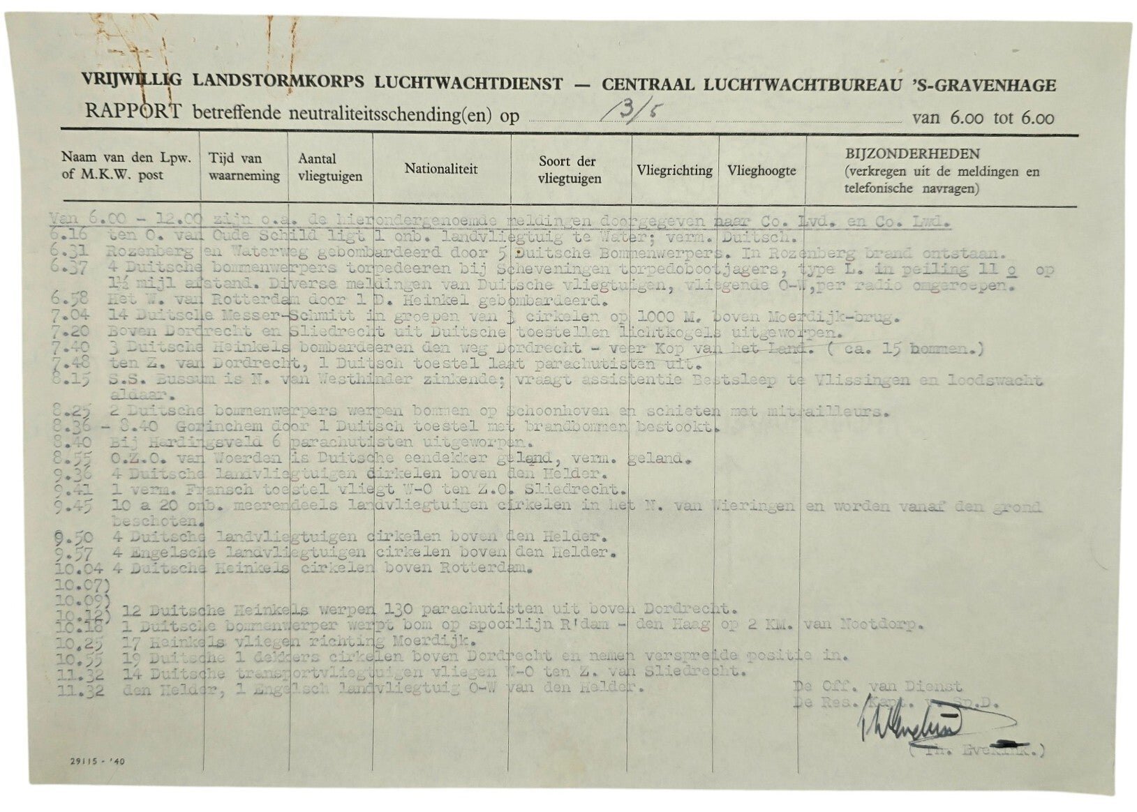 Original WW2 Dutch Document - Dutch Army Luchtwachtdienst air watch service report The Hague, 13th of May (1940) — image 2