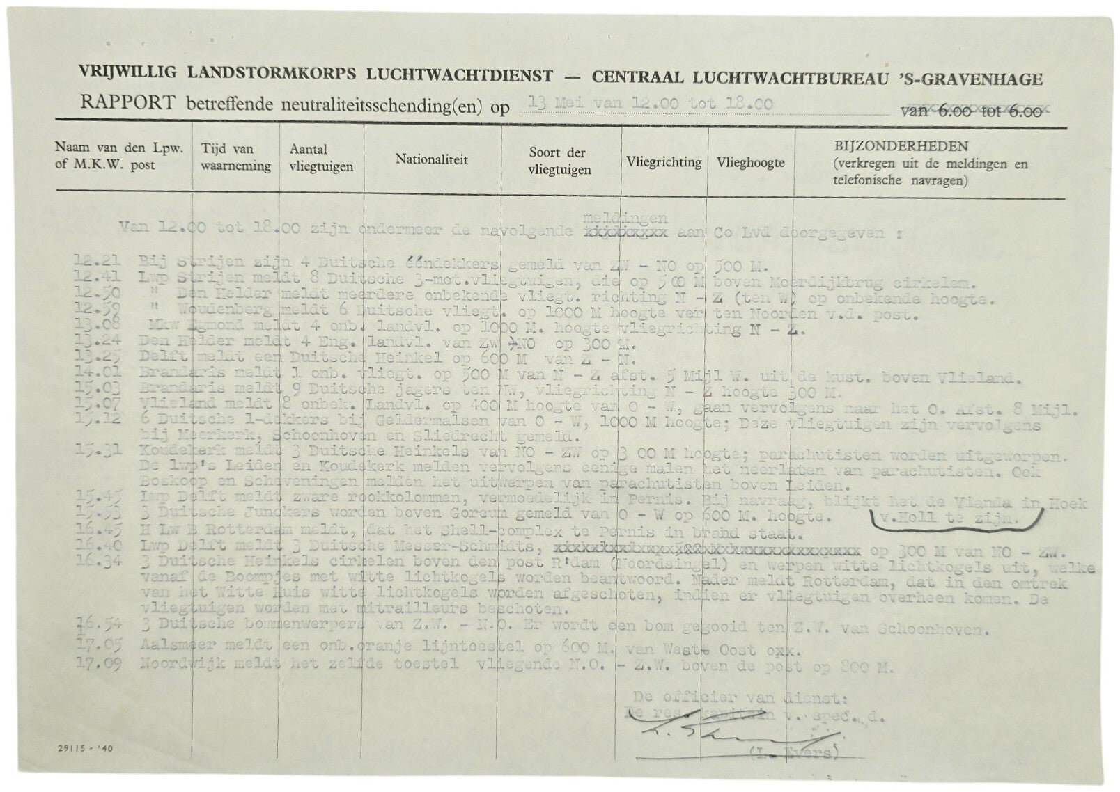 Original WW2 Dutch Document - Dutch Army Luchtwachtdienst air watch service report The Hague, 13th of May (1940) — image 3