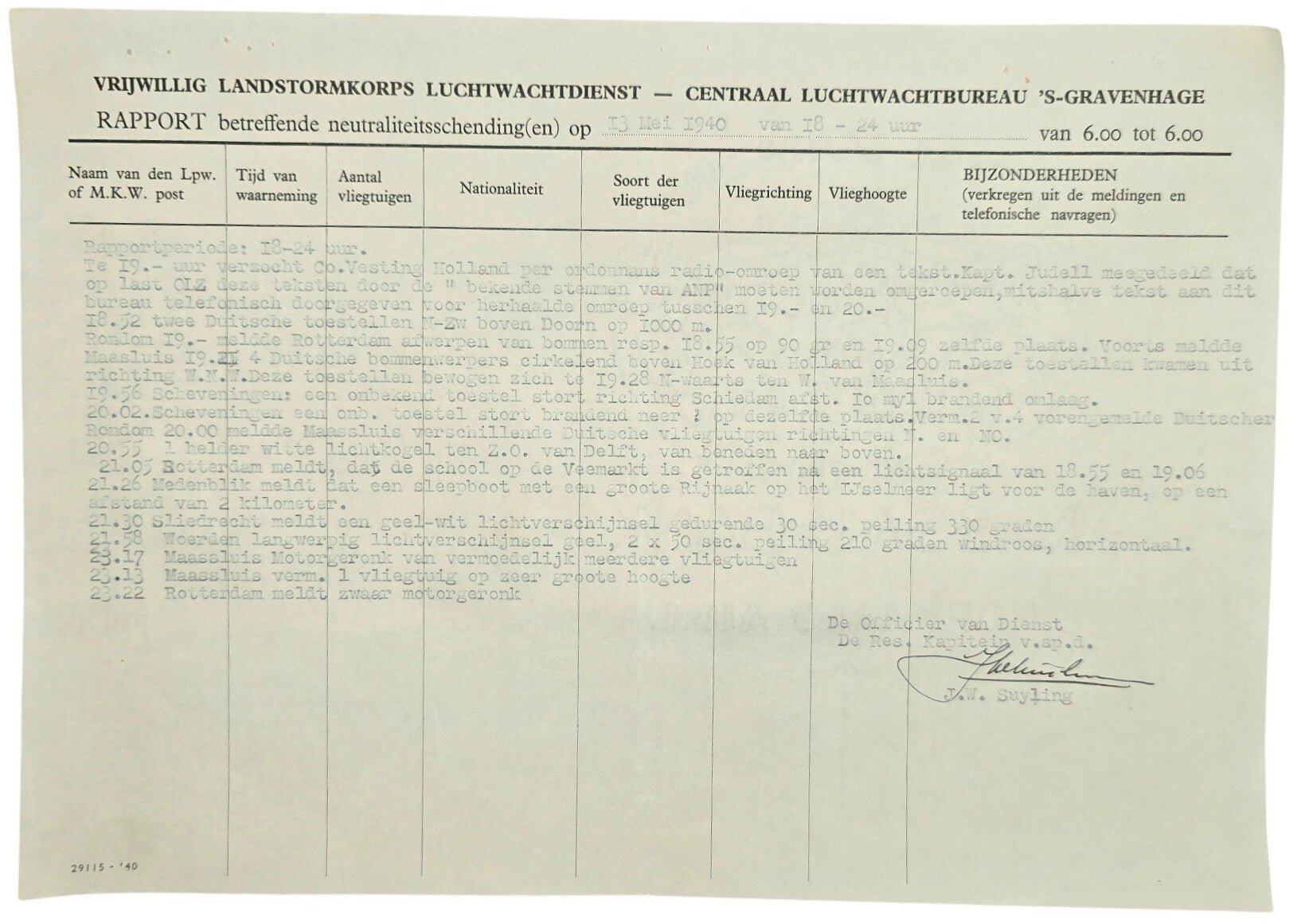 Original WW2 Dutch Document - Dutch Army Luchtwachtdienst air watch service report The Hague, 13th of May (1940) — image 4