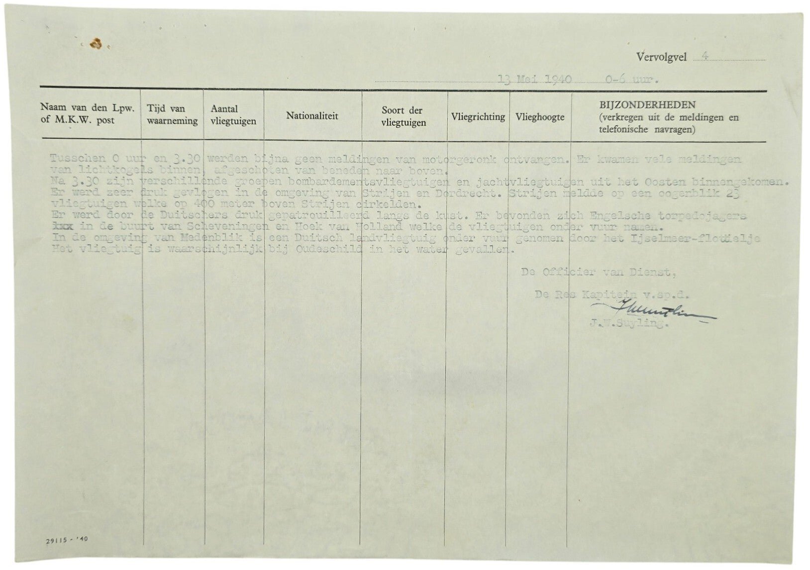 Original WW2 Dutch Document - Dutch Army Luchtwachtdienst air watch service report The Hague, 13th of May (1940) — image 5