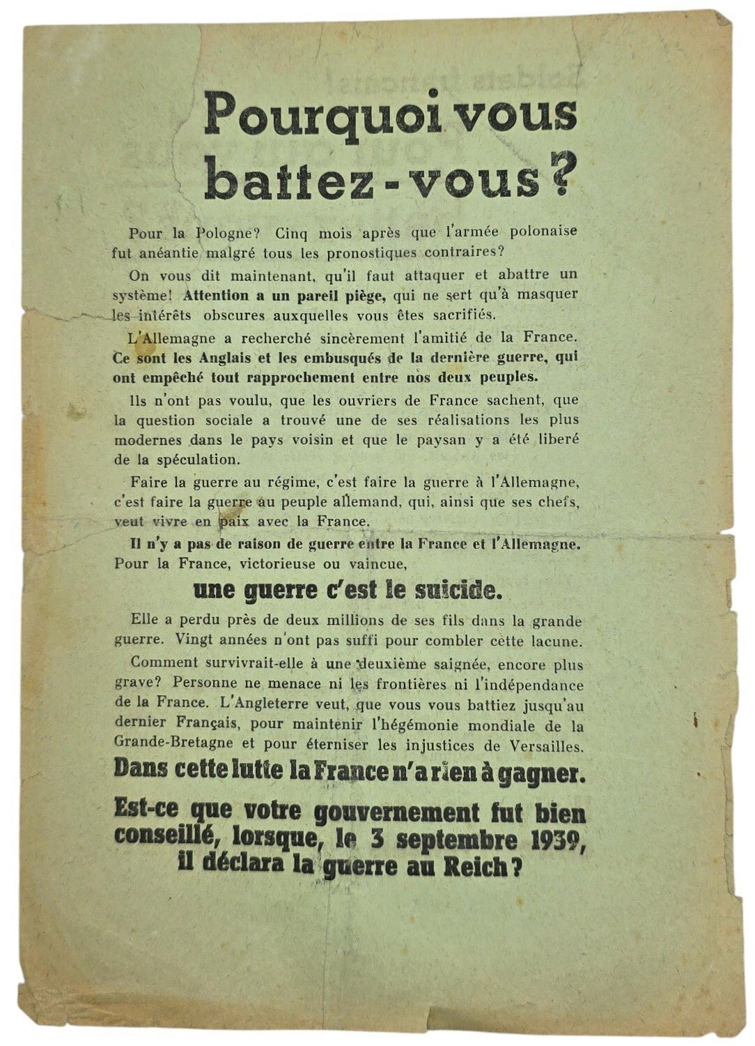 Original WW2 German Leaflet - Soldats Français! Pour qui vous battez-vous ? (1940) — image 2