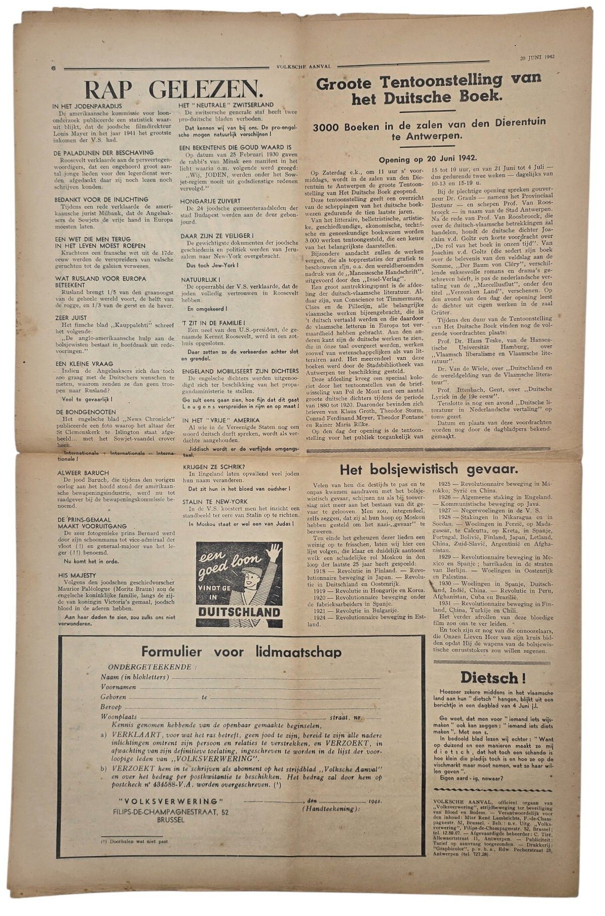 Original WW2 Flemish Collaboration Antisemitic Newspaper - Volksche Aanval 6th year No. 25, Volksverwering (1942) — image 5