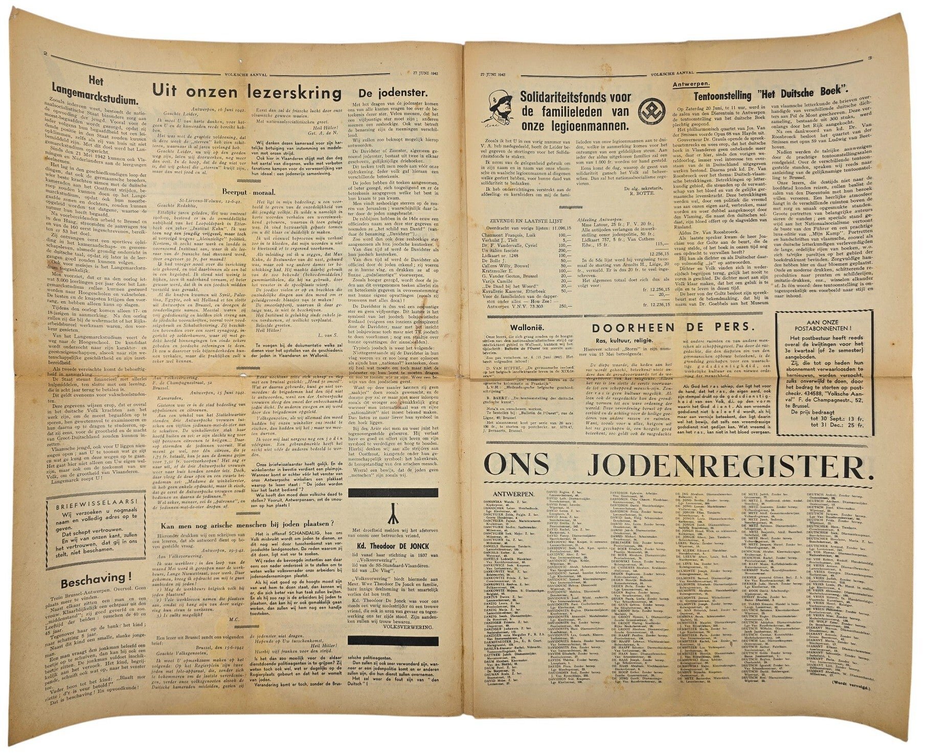 Original WW2 Flemish Collaboration Antisemitic Newspaper - Volksche Aanval 6th year No. 26-27, Volksverwering (1942) — image 2