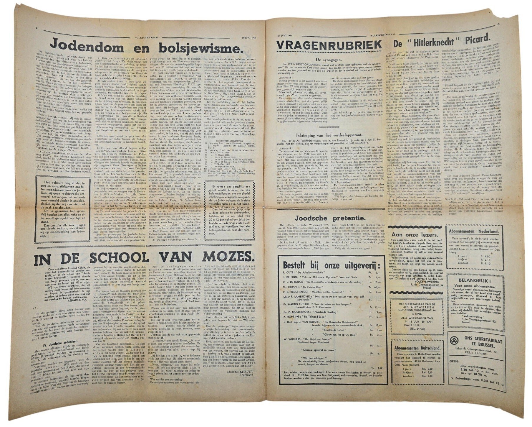 Original WW2 Flemish Collaboration Antisemitic Newspaper - Volksche Aanval 6th year No. 26-27, Volksverwering (1942) — image 3