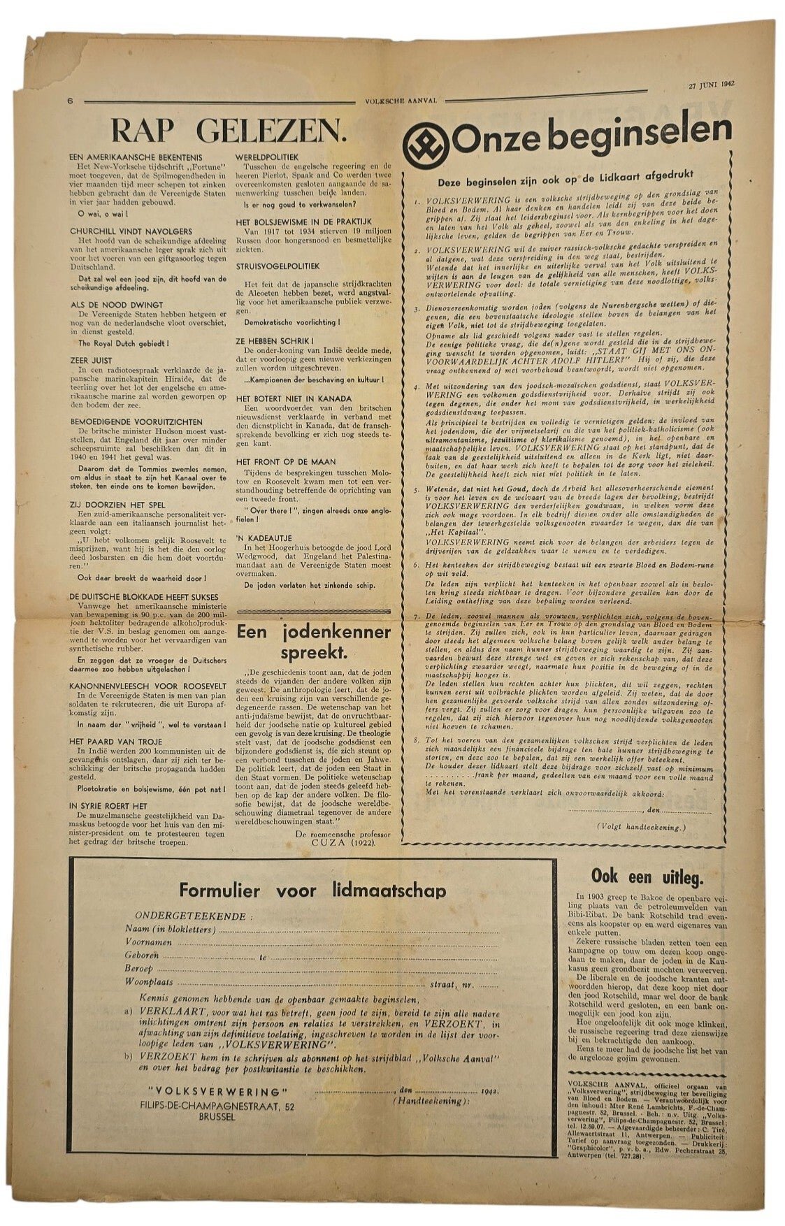 Original WW2 Flemish Collaboration Antisemitic Newspaper - Volksche Aanval 6th year No. 26-27, Volksverwering (1942) — image 4