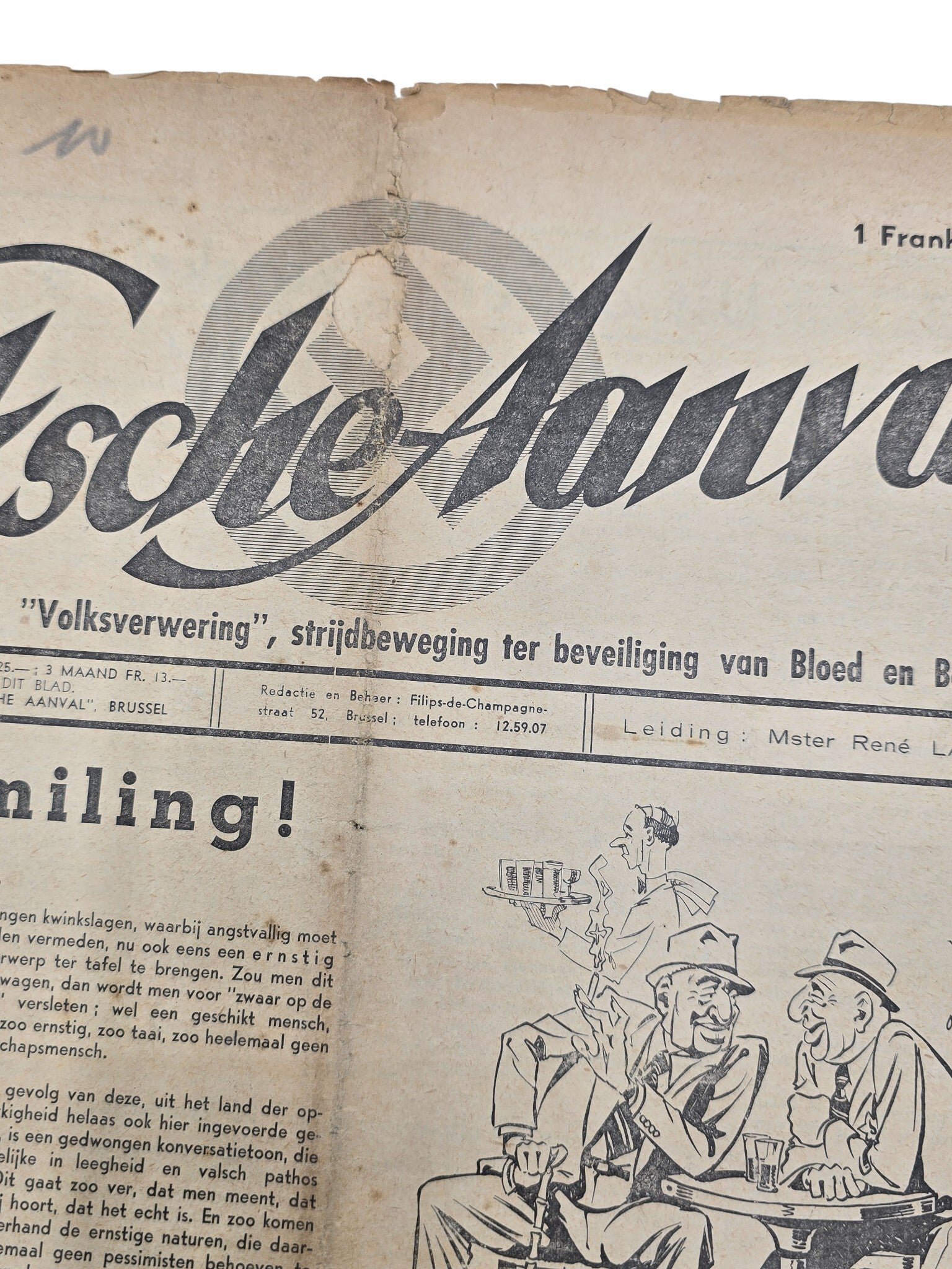 Original WW2 Flemish Collaboration Antisemitic Newspaper - Volksche Aanval 6th year No. 28, Volksverwering (1942) — image 2