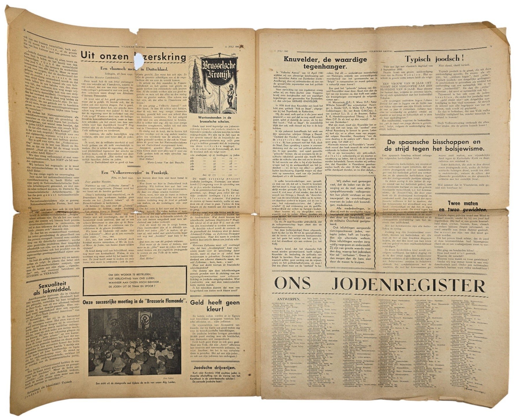 Original WW2 Flemish Collaboration Antisemitic Newspaper - Volksche Aanval 6th year No. 28, Volksverwering (1942) — image 3