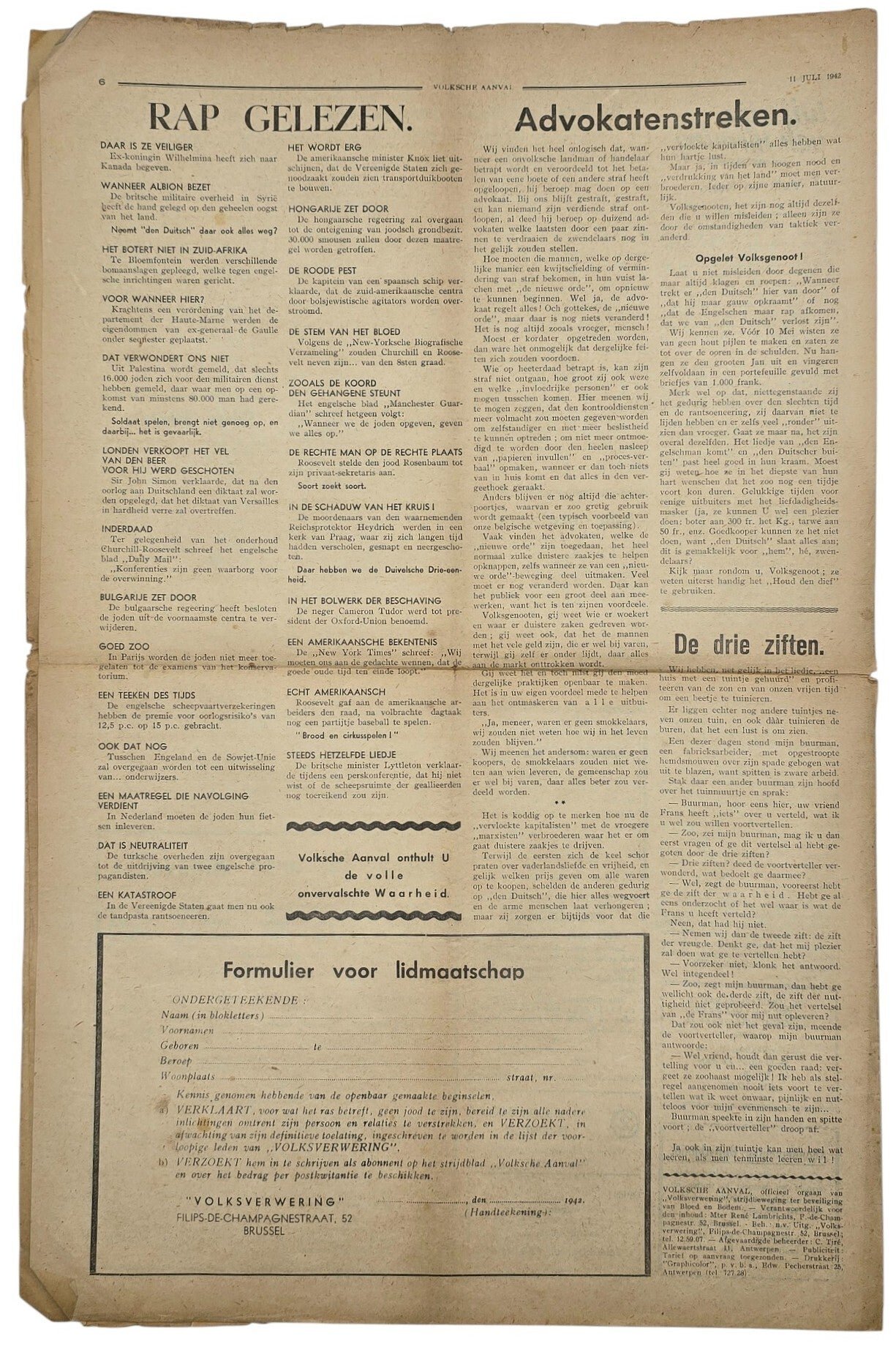 Original WW2 Flemish Collaboration Antisemitic Newspaper - Volksche Aanval 6th year No. 28, Volksverwering (1942) — image 5