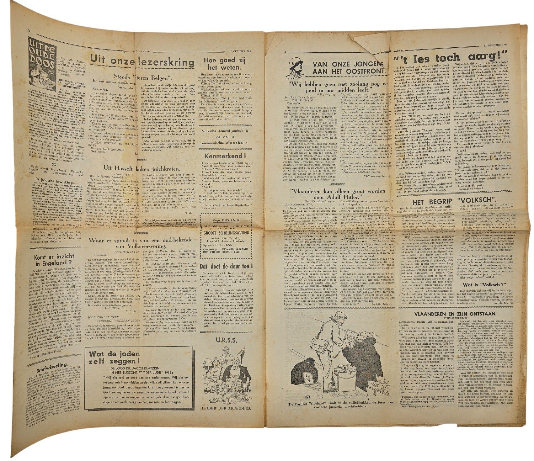 Original WW2 Flemish Collaboration Antisemitic Newspaper - Volksche Aanval 6th year No. 42, Volksverwering (1942) — image 3